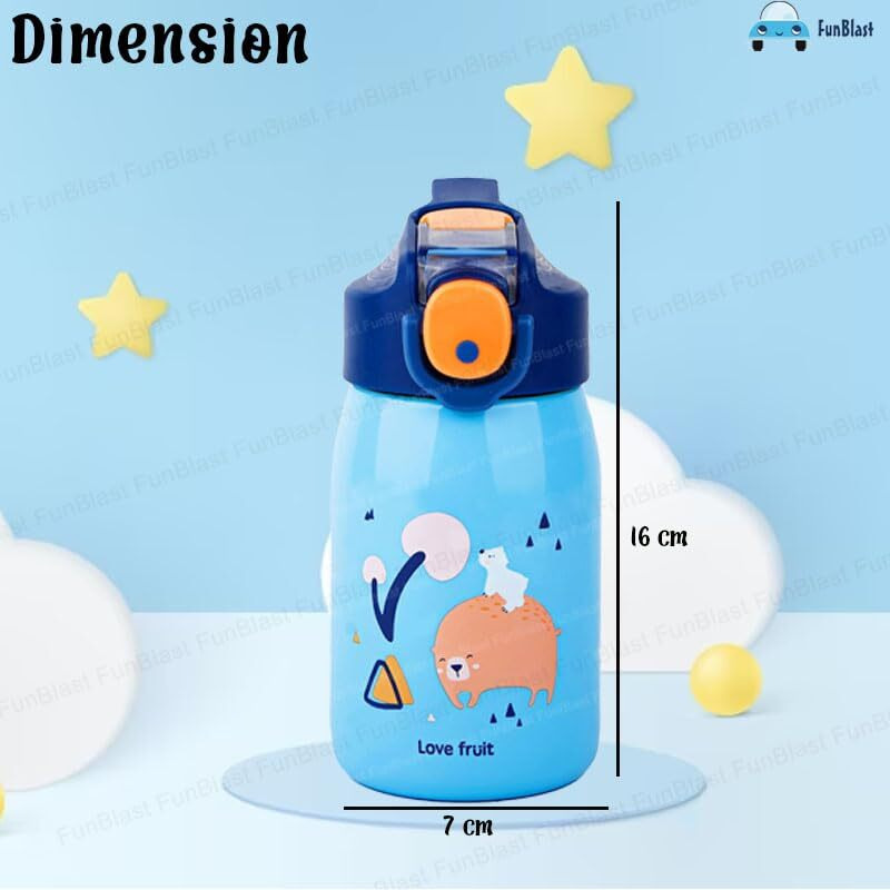 FunBlast Cartoon Design Hot and Cold Water Bottle for Kids - Double Walled Vacuum Insulated Stainless Steel Bottle, Insulated Stainless Steel Bottle, Thermos Flask with Straw (400 Ml)