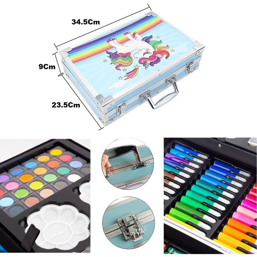 Shuban Deluxe Art Set Box & Drawing Kit with Crayons, Oil Pastels, Colored Pencil Deluxe Gift Art (145Pcs Unicorn-Blue)