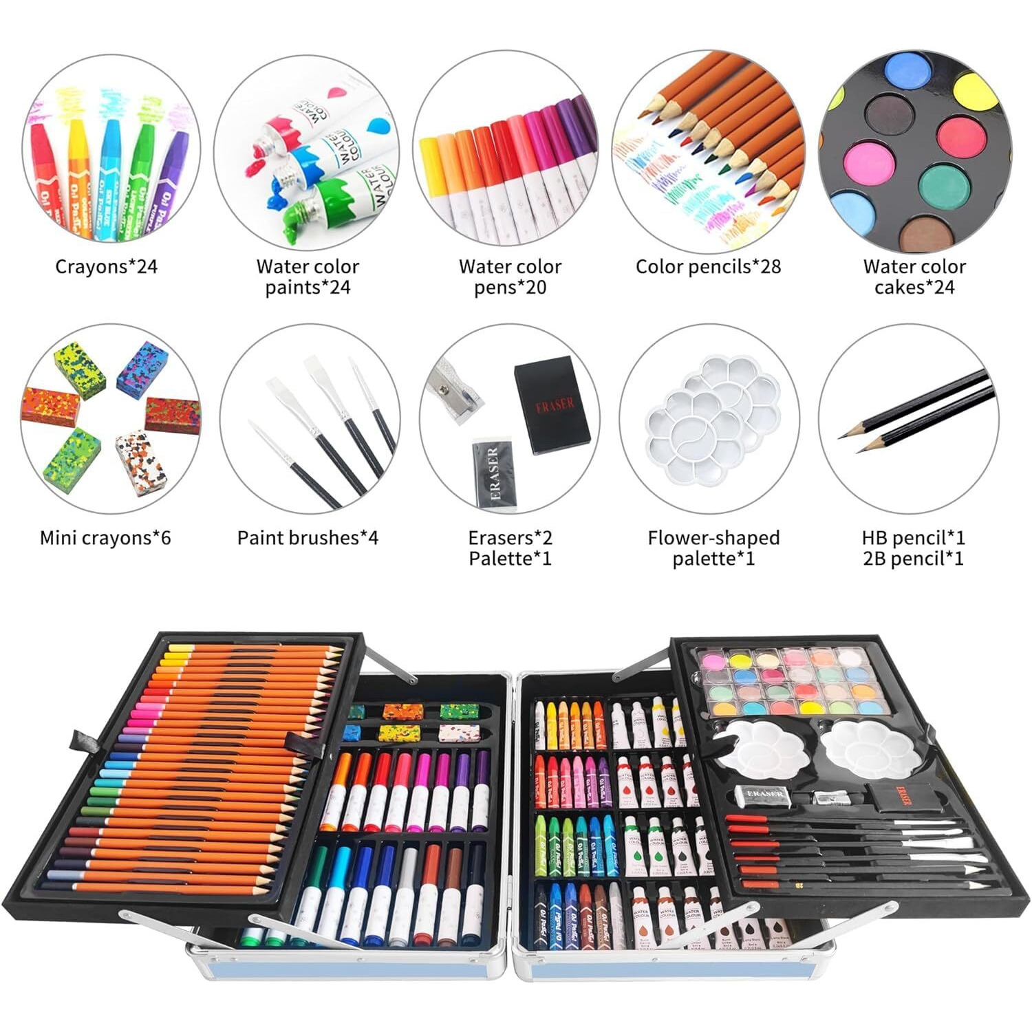 Shuban Deluxe Art Set Box & Drawing Kit with Crayons, Oil Pastels, Colored Pencil Deluxe Gift Art (145Pcs Unicorn-Blue)