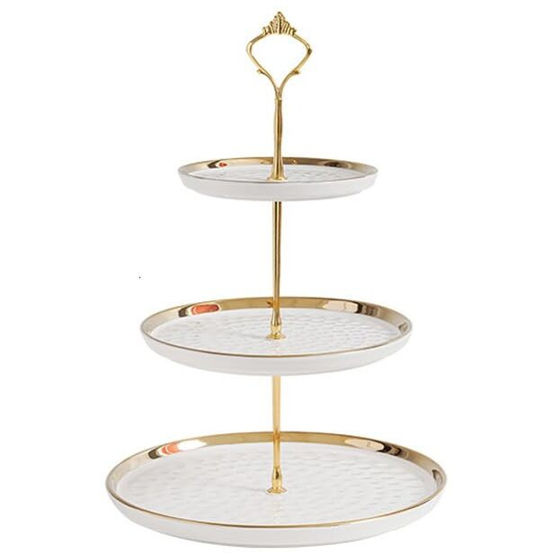 FURN ASPIRE Luxurious Ceramic Three-Layer Fruit Plate, Detachable Serving Trey Dessert Tower for Wedding Birthday Summer Baby Shower Graduation Tea Party. (White 15x20x26 cm 3-Layer Plate- Round)