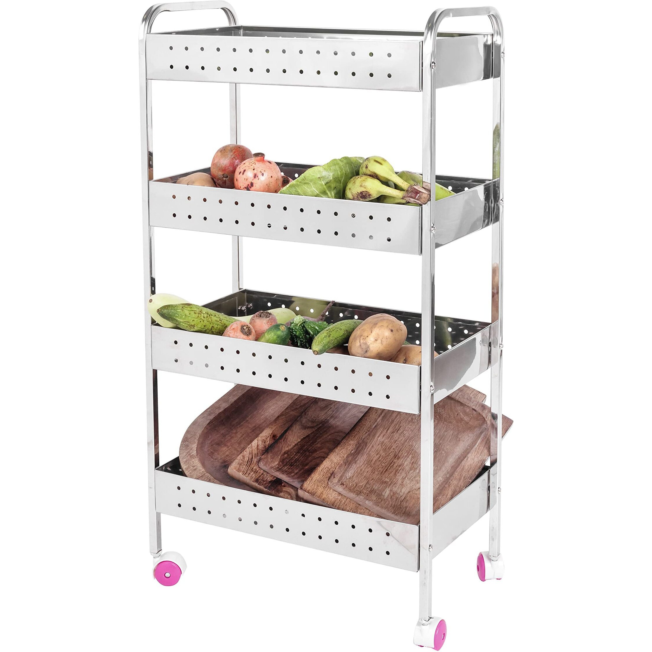 XXSSIER 202 Stainless Steel Vegetable Stand Kitchen Trolley with Wheels Multifunctional Easy Assembly Vegetable Basket Serving Rotating Trolley Cart for Home(32 X 9 X 17.5 inch)