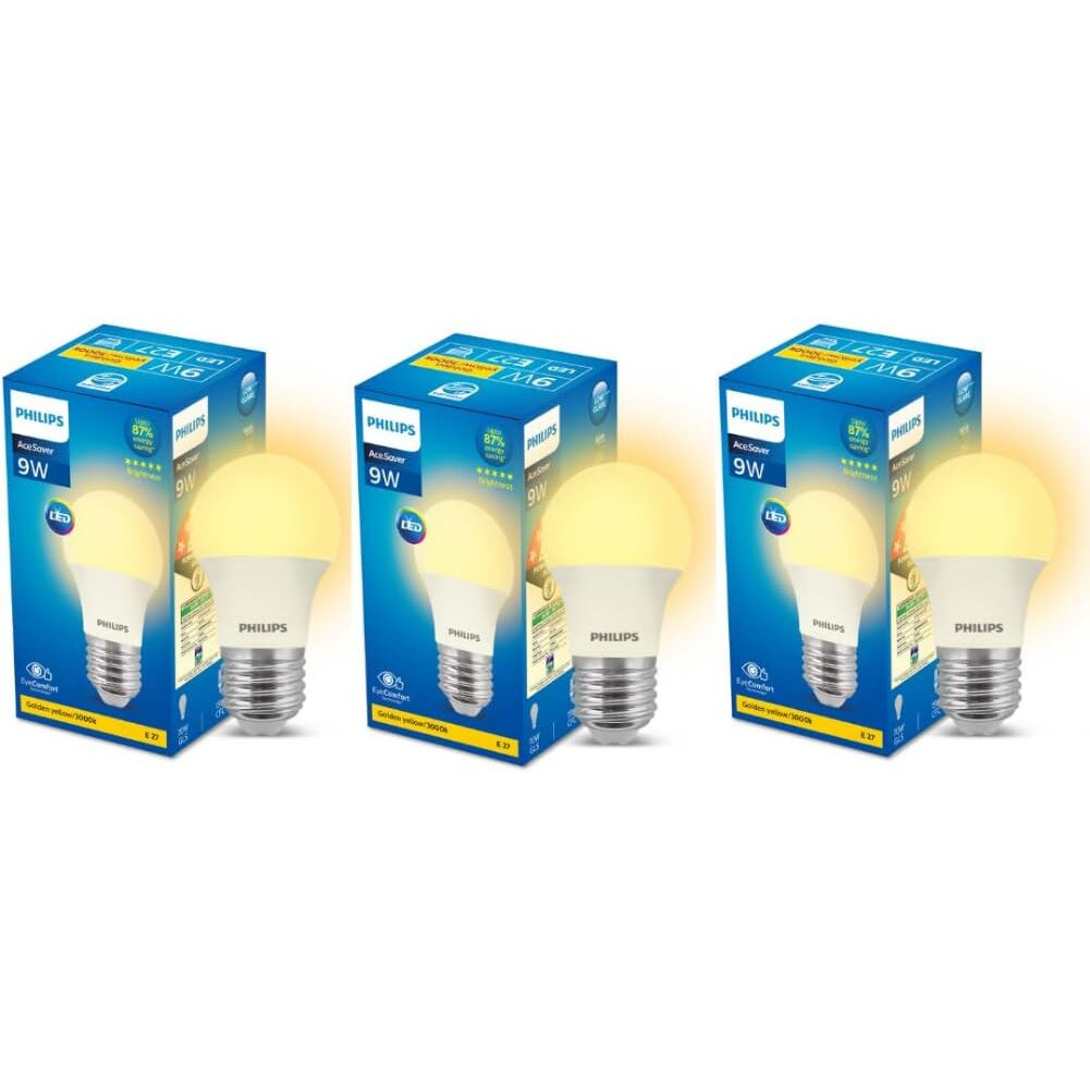 Philips Ace Saver Base E27 9-Watt LED Bulb (Pack of 3, Golden Yellow)