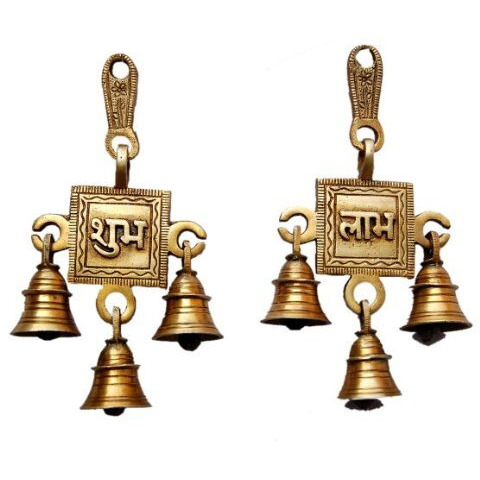 Two Moustaches Brass Shubh Labh Door Hanging Bells Set, Hanging Bells for Home Decor, Wall Decor, Ghanti for Pooja, Pack of 2