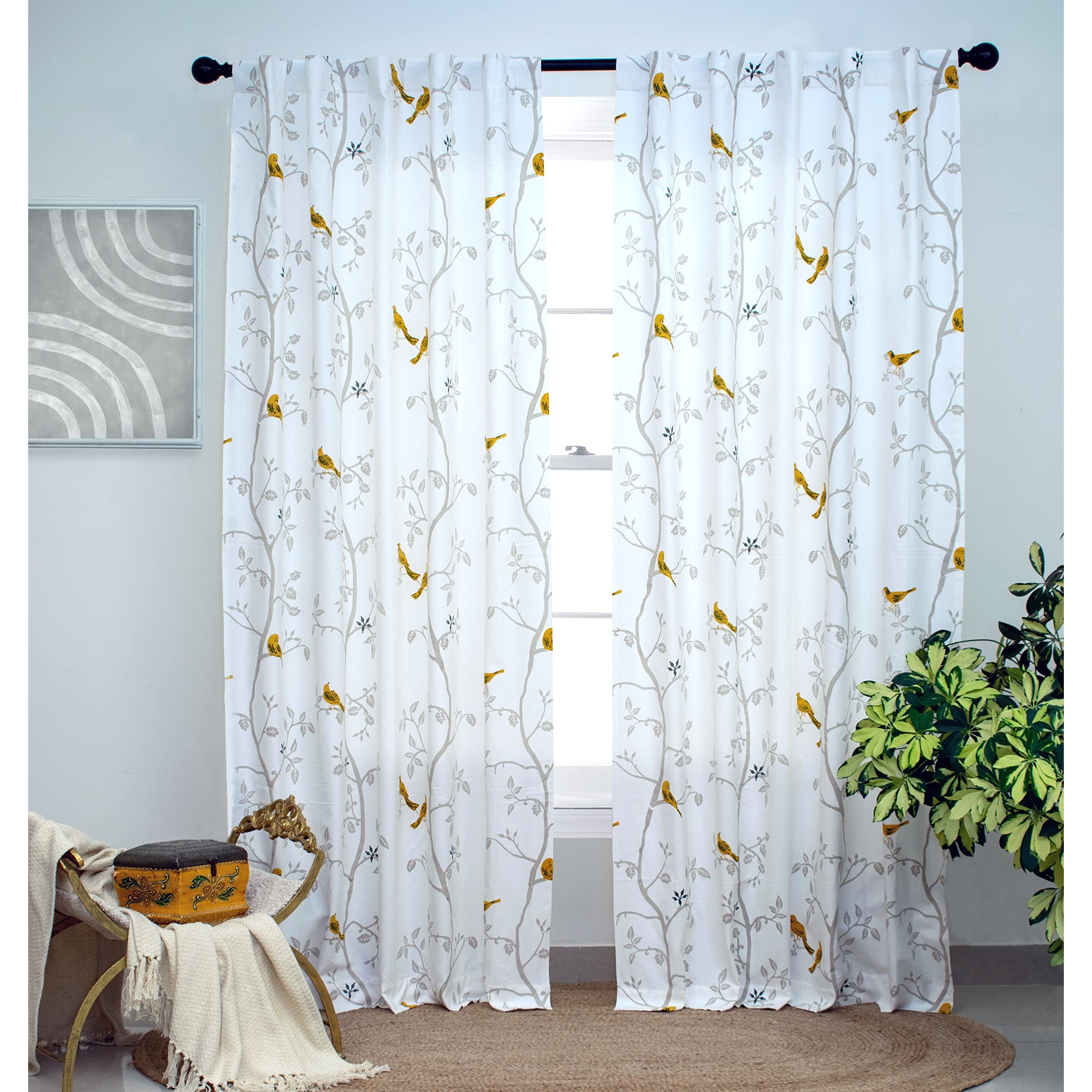 Tranquebar Curtain Co. 100% Cotton, Room Darkening Curtains with Bird Print for Door (with Back Tabs) - 9 Feet, Yori Yellow, Set of 2 (Length 274 cm)