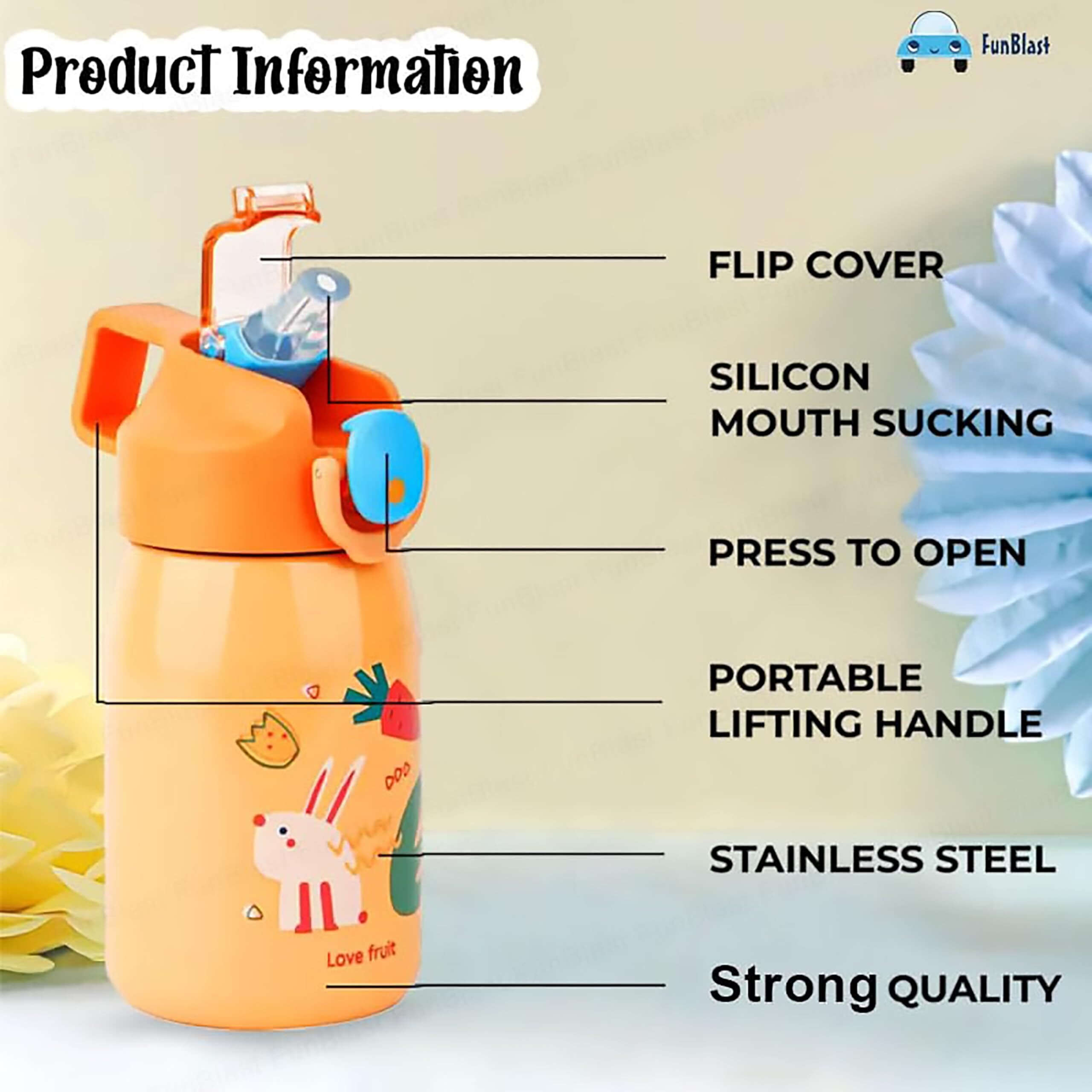 FunBlast Cartoon Design Hot and Cold Water Bottle for Kids - Double Walled Vacuum Insulated Stainless Steel Bottle, Insulated Stainless Steel Bottle, Thermos Flask with Straw (400 Ml)