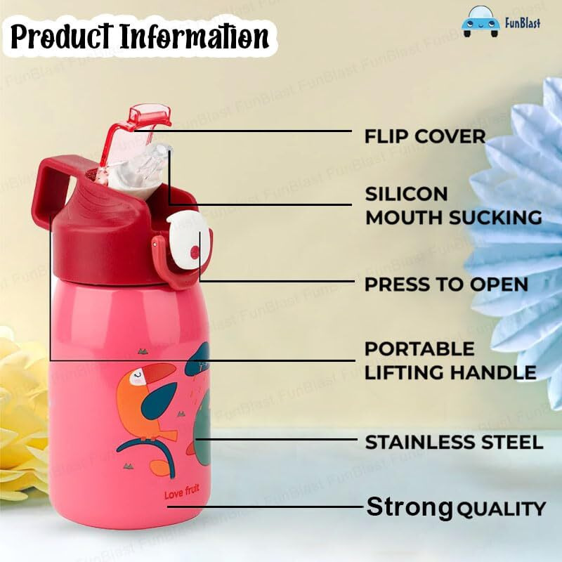 FunBlast Cartoon Design Hot and Cold Water Bottle for Kids - Double Walled Vacuum Insulated Stainless Steel Bottle, Insulated Stainless Steel Bottle, Thermos Flask with Straw (400 Ml)