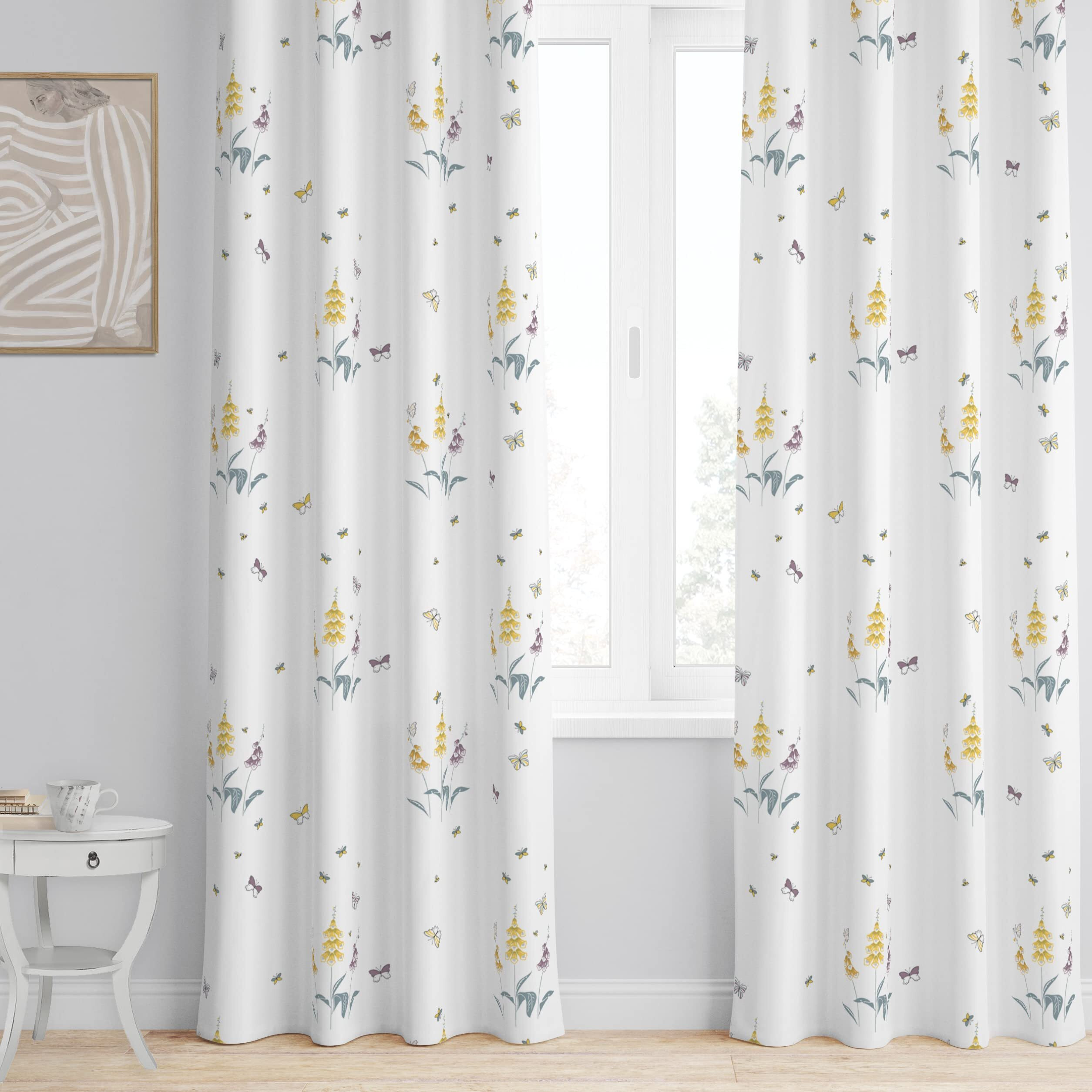 Tranquebar Curtain Co. 100% Cotton, Room Darkening Curtains with Butterfly & Floral Print for Door (with Back Tabs) - 8 Feet, Titli Yellow, Set of 2 (Length 244 cm)