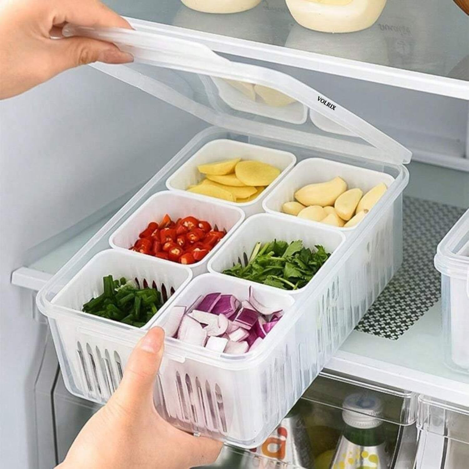 VOLRIX Refrigerator Storage Containers with 6 Drain Basket, Fridge Storage Boxes, Food Containers for Pantry Organization, Fridge Organizer Keep Fresh Chopped Green, Onion, Ginger, Garlic, Vegetables