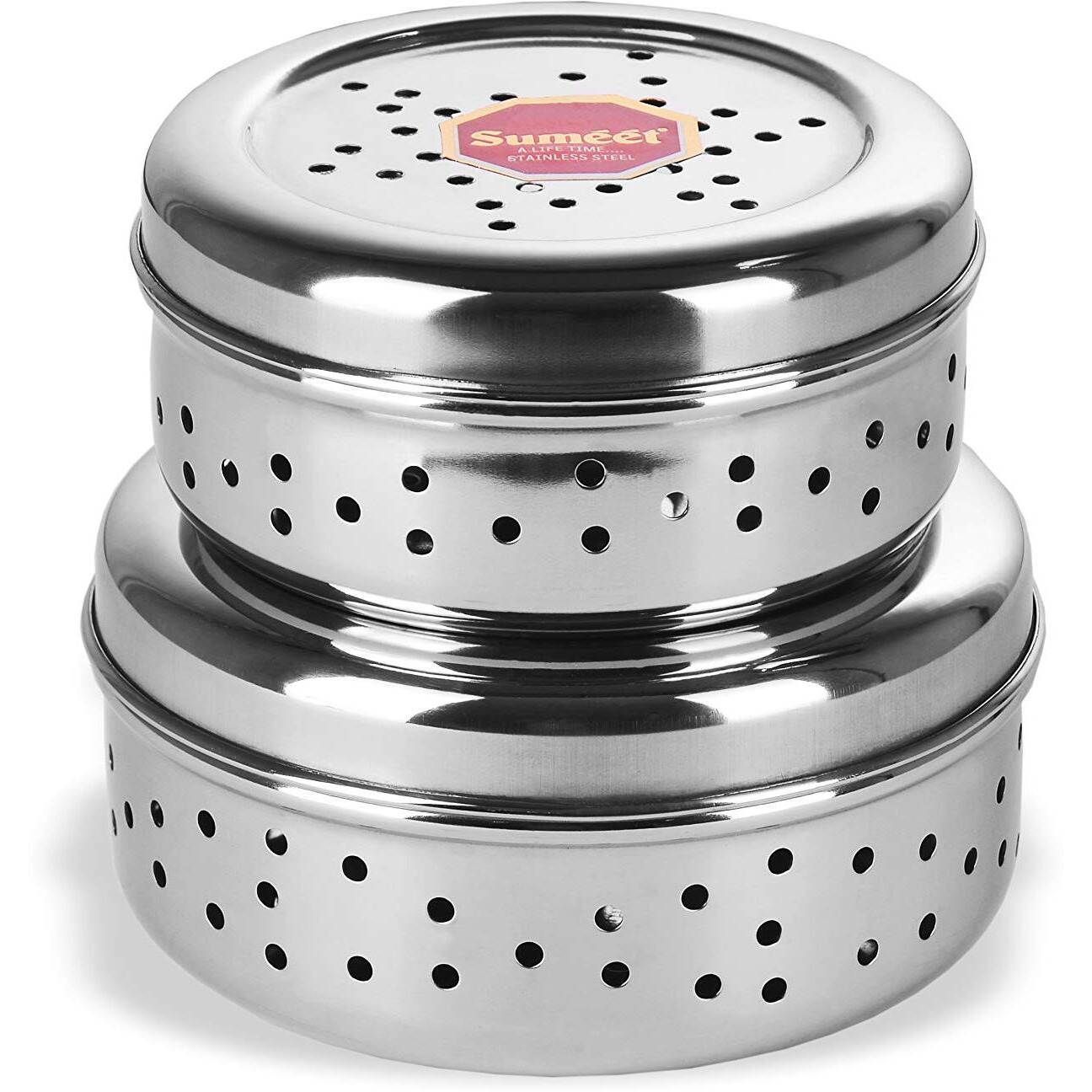 Sumeet Stainless Steel Hole Puri Dabbas/Sprout Maker/Flat Canisters With Air Ventilation Size No.7-11 Cm Dia & No. 8-12.5 Cm Dia, Blue-Violet