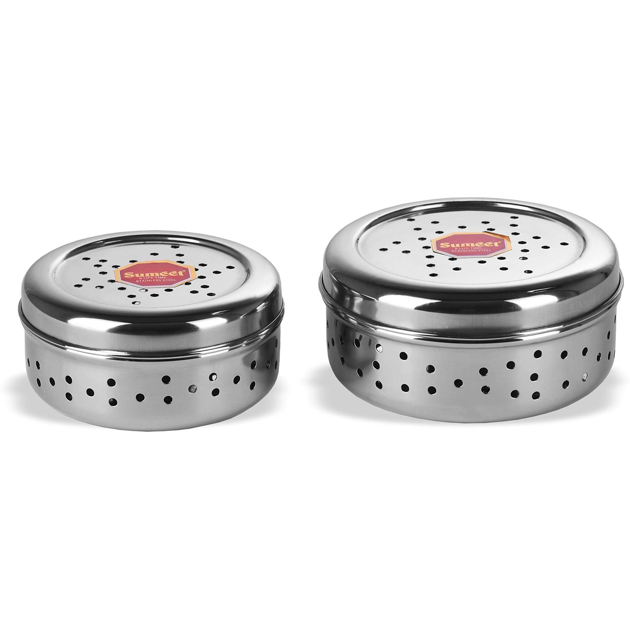 Sumeet Stainless Steel Hole Puri Dabbas/Sprout Maker/Flat Canisters With Air Ventilation Size No.7-11 Cm Dia & No. 8-12.5 Cm Dia, Blue-Violet