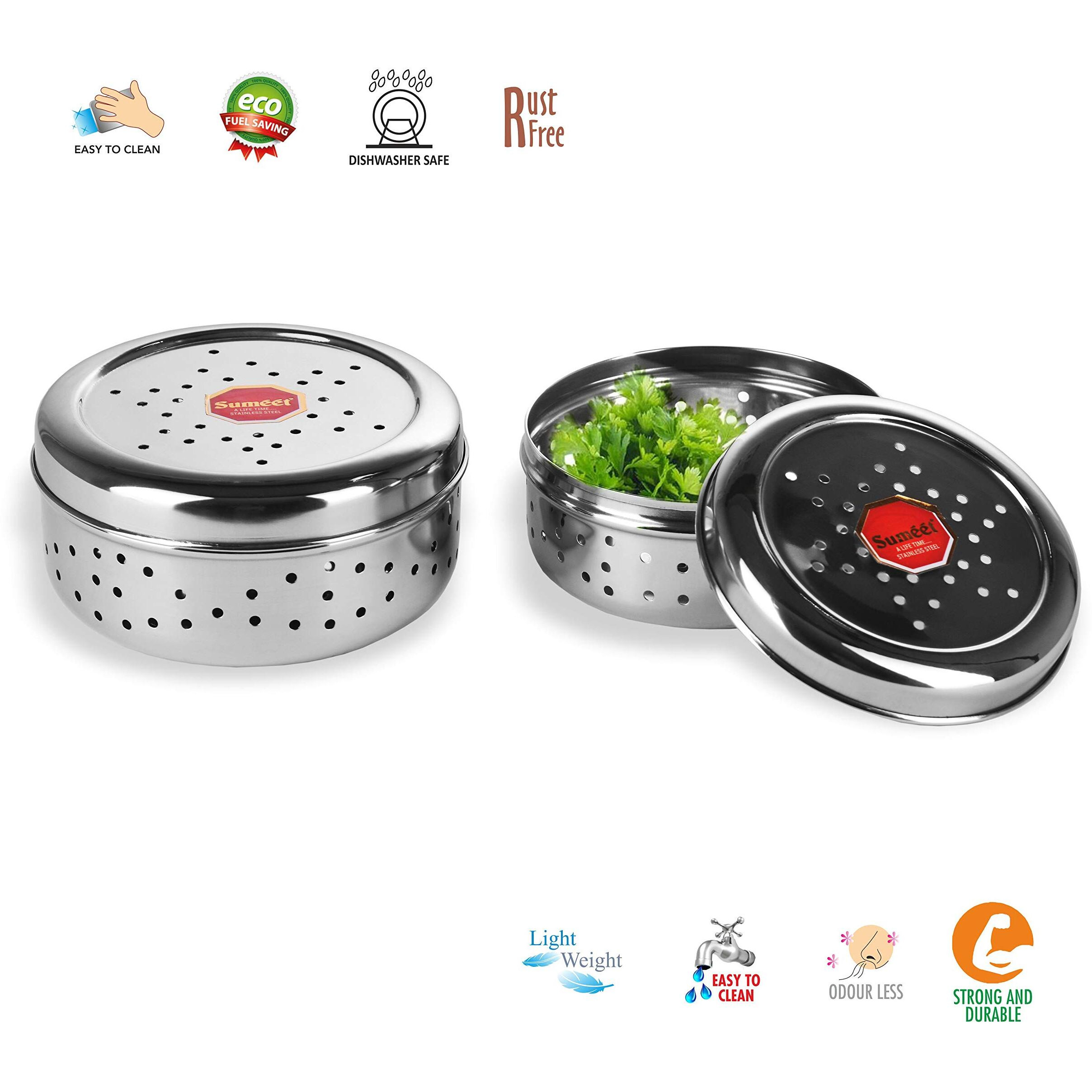 Sumeet Stainless Steel Hole Puri Dabbas/Sprout Maker/Flat Canisters With Air Ventilation Size No.7-11 Cm Dia & No. 8-12.5 Cm Dia, Blue-Violet