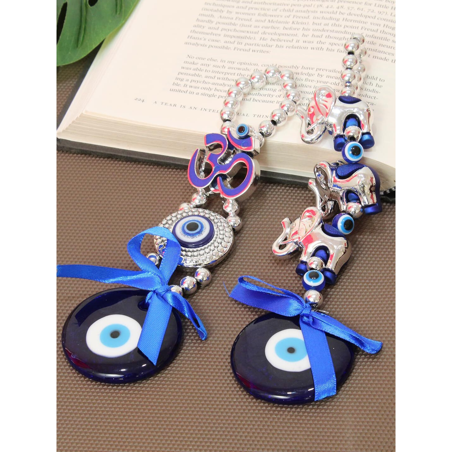 TIED RIBBONS Metal Set Of 2 Turkish Om Elephant Blue Evil Eye Hanging For Home Entrance Wall Door Car Dashboard Pendant Ornament Office Good Luck And Prosperity Decorative Gift Items (17.7 Cm)