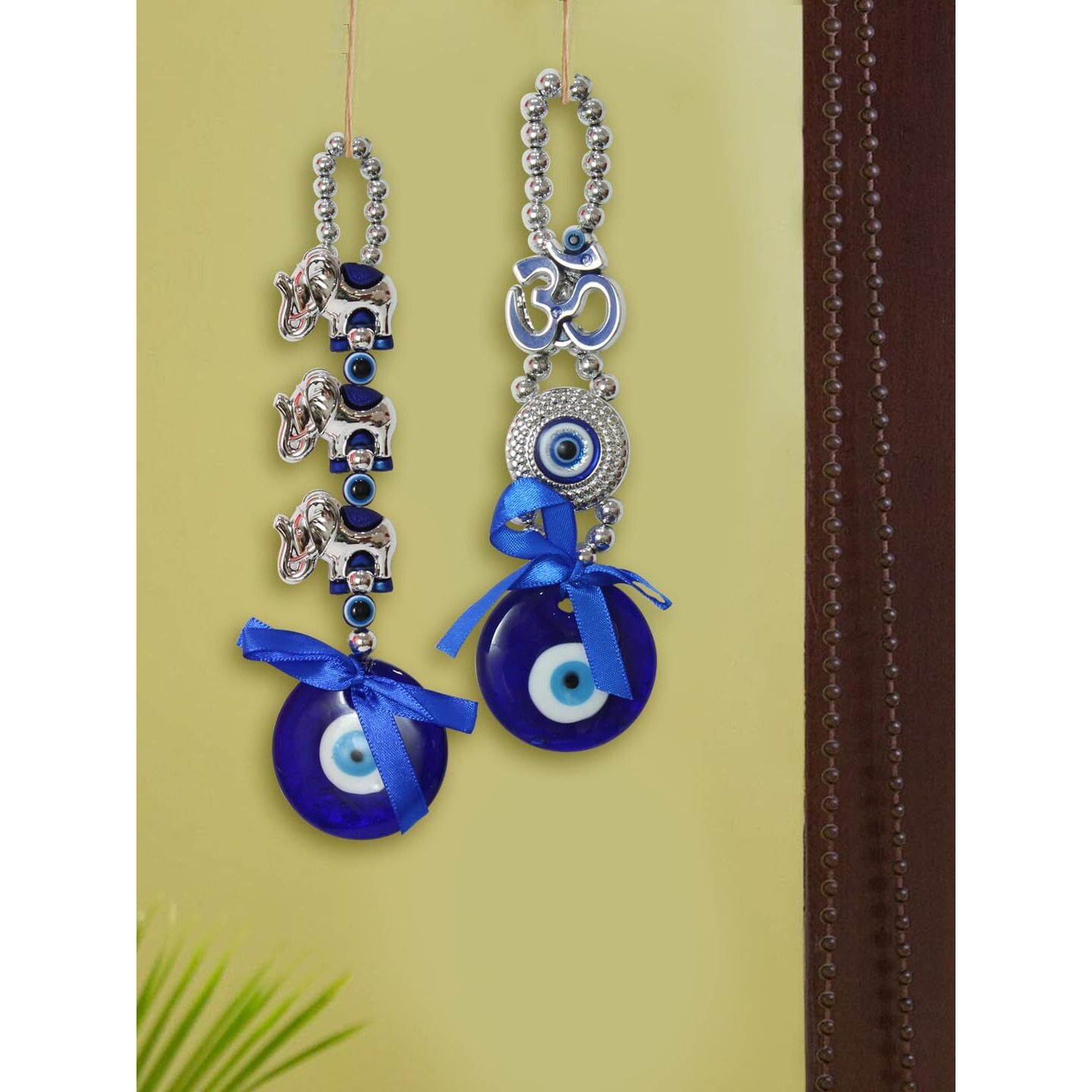 TIED RIBBONS Metal Set Of 2 Turkish Om Elephant Blue Evil Eye Hanging For Home Entrance Wall Door Car Dashboard Pendant Ornament Office Good Luck And Prosperity Decorative Gift Items (17.7 Cm)