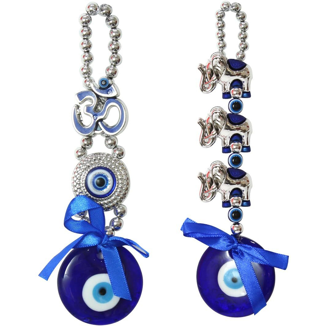 TIED RIBBONS Metal Set Of 2 Turkish Om Elephant Blue Evil Eye Hanging For Home Entrance Wall Door Car Dashboard Pendant Ornament Office Good Luck And Prosperity Decorative Gift Items (17.7 Cm)