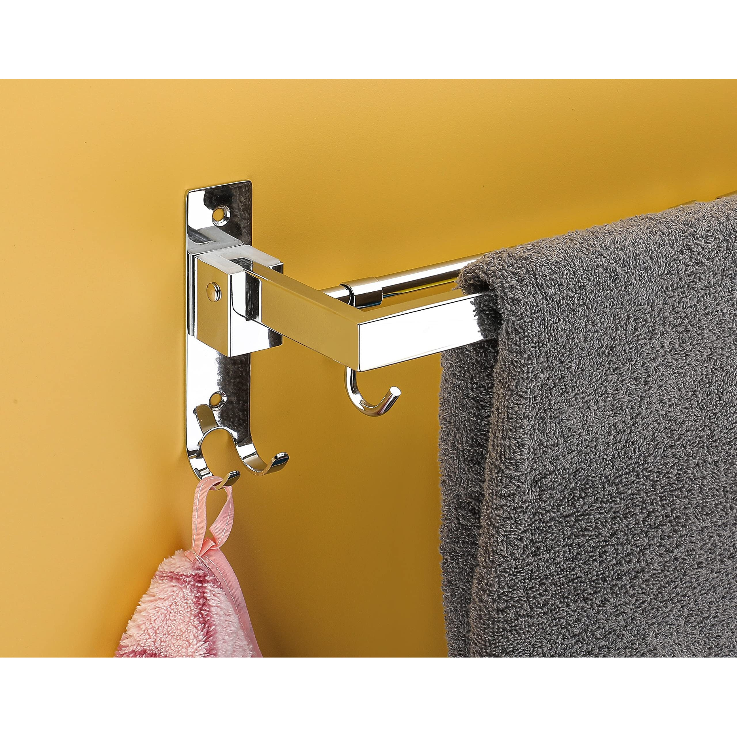 iSTAR Stainless Steel 304 Grade Foldable Towel Hanger for Bathroom/Towel Rod/Bar/Bathroom Accessories(24inch-Chrome) - Pack of 1 (Square)