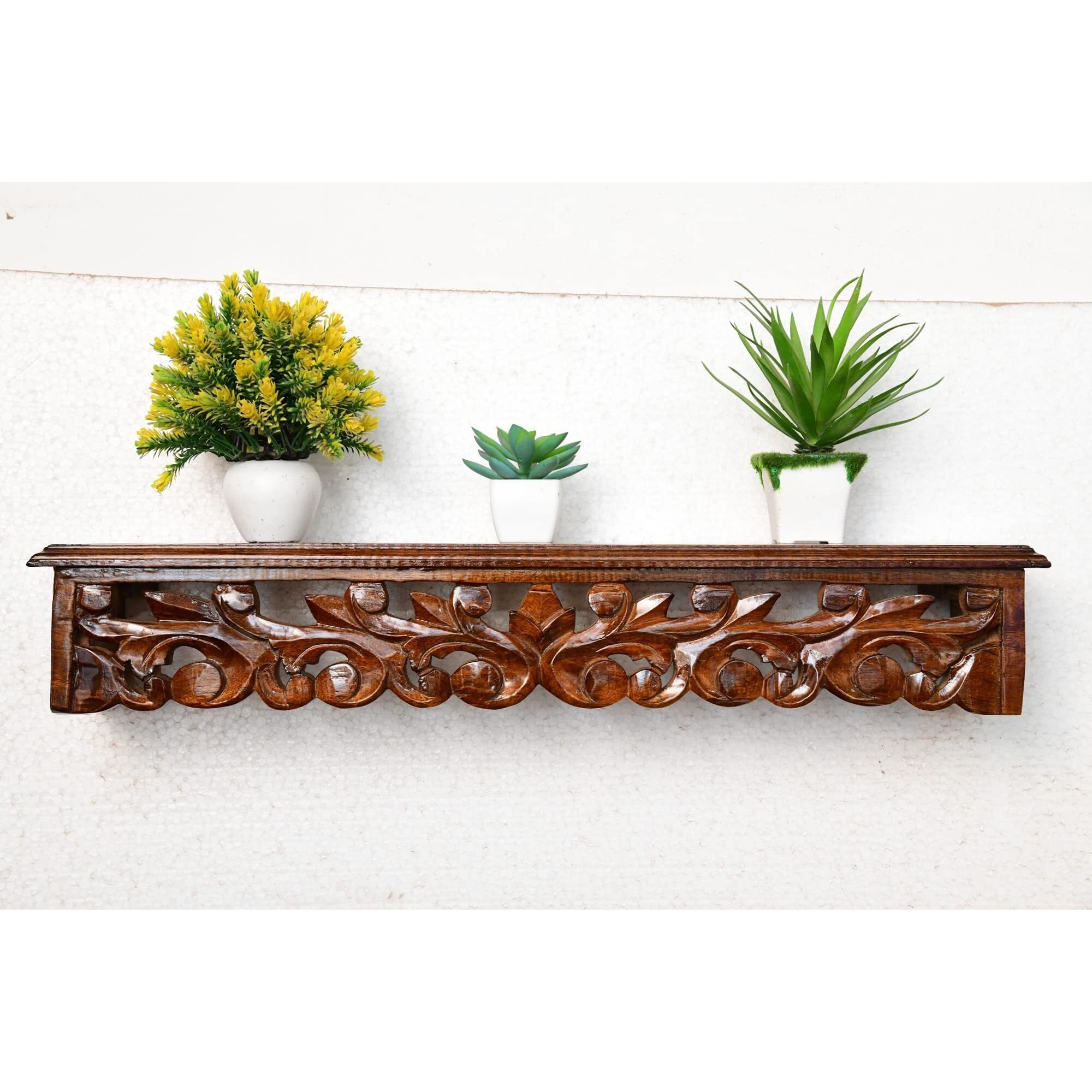 Inception Global Hand Carved Decorative Brown Wooden Wall Shelf/Wall Bracket/Book Rack for Living Room |Pre-assemble | Walnut - (Bale Design)