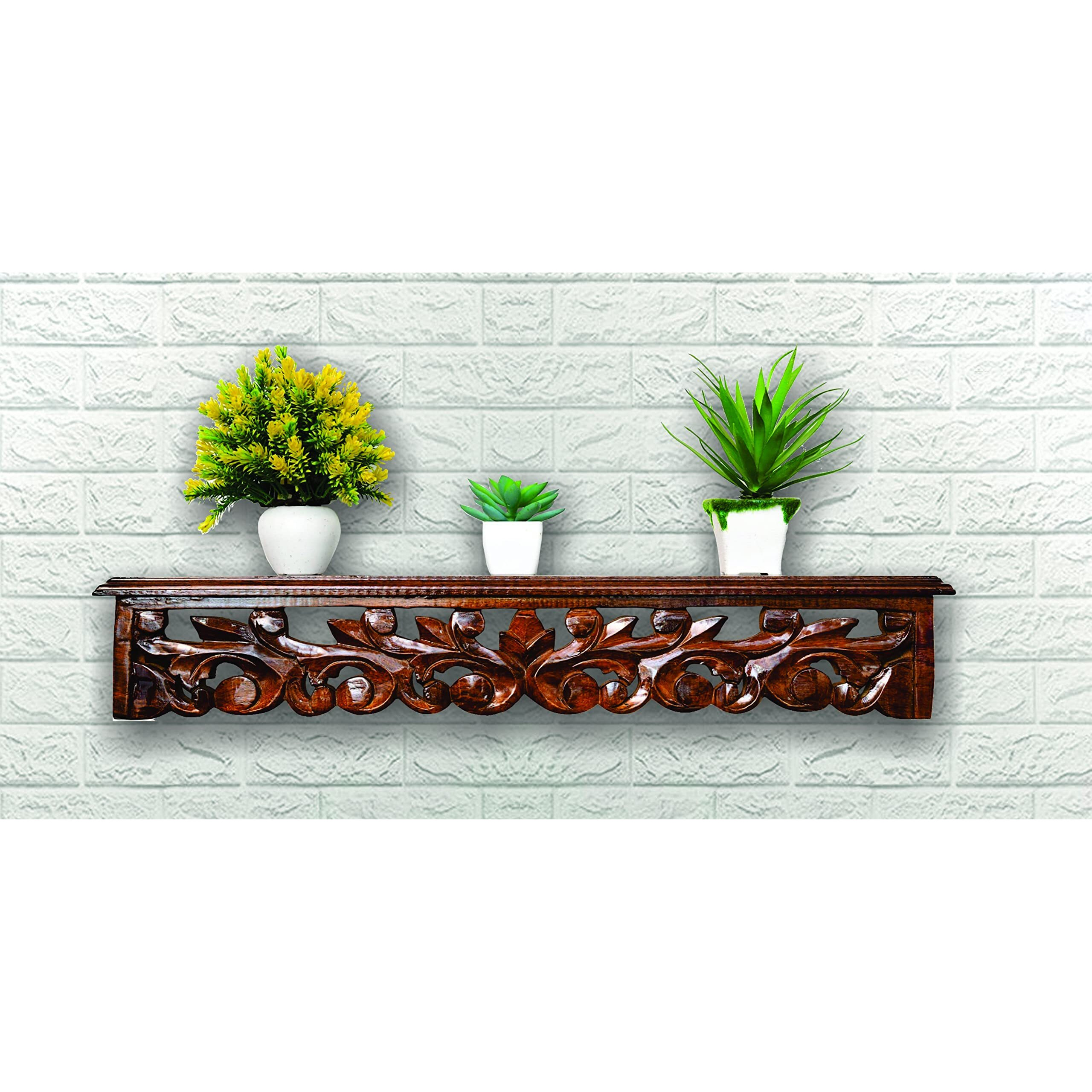 Inception Global Hand Carved Decorative Brown Wooden Wall Shelf/Wall Bracket/Book Rack for Living Room |Pre-assemble | Walnut - (Bale Design)