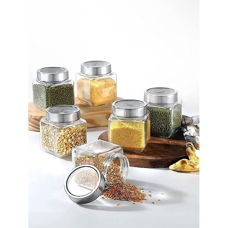 Vency Piramal Glass Round 500ml Transparent Glass Jars & Containers for Kitchen Pantry, Snacks, Masala, Pickles, Dry Fruits, Coffee Beans Storage with Primium Steel See-through Lid (500ml, Set Of 4)