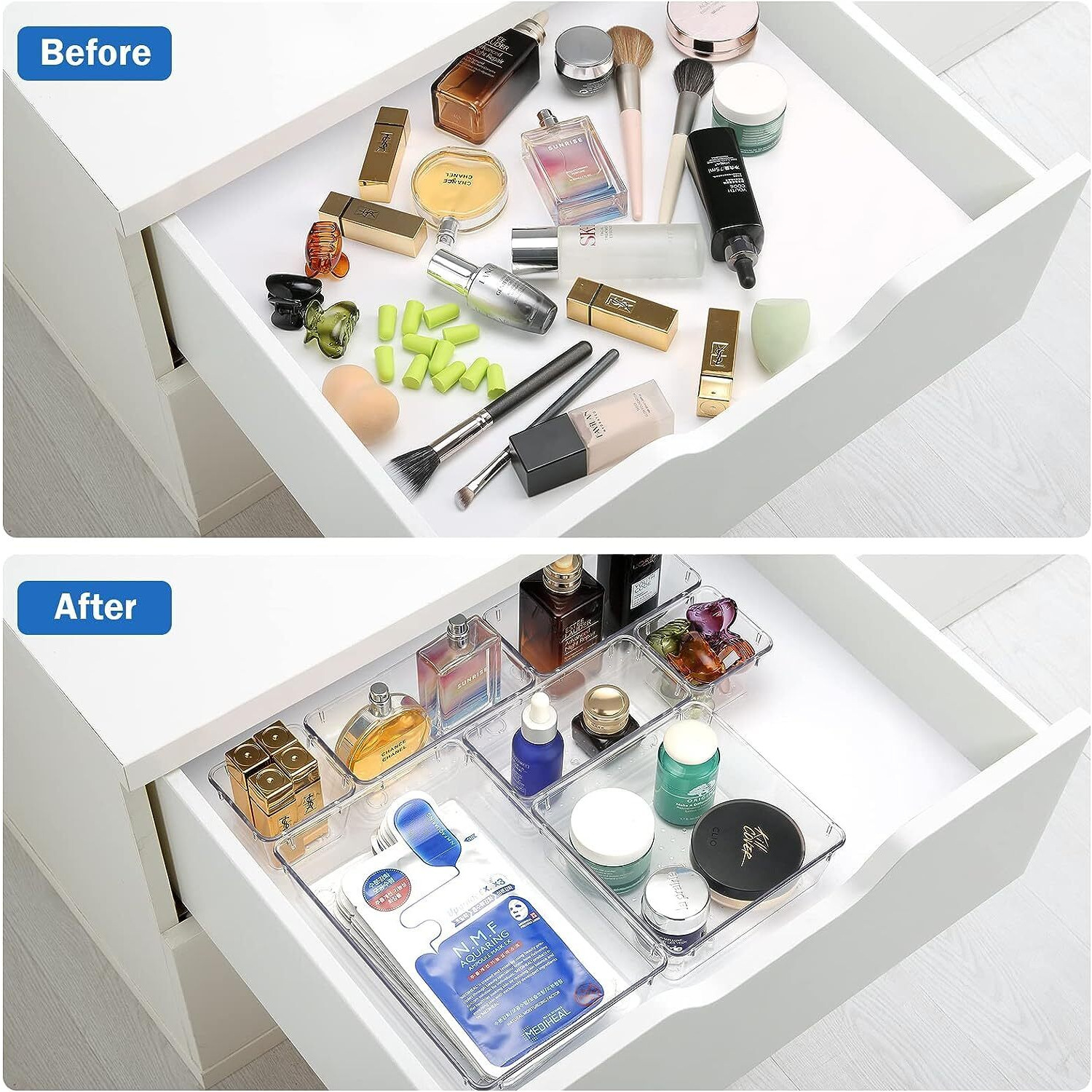 Zollyss 7 Pcs Desk Drawer Organizers Trays Set Clear Plastic Storage Bins Bathroom Drawer Tray Dividers Vanity Trays Organizer for Bedroom Dresser Makeup Kitchen Utensil Office