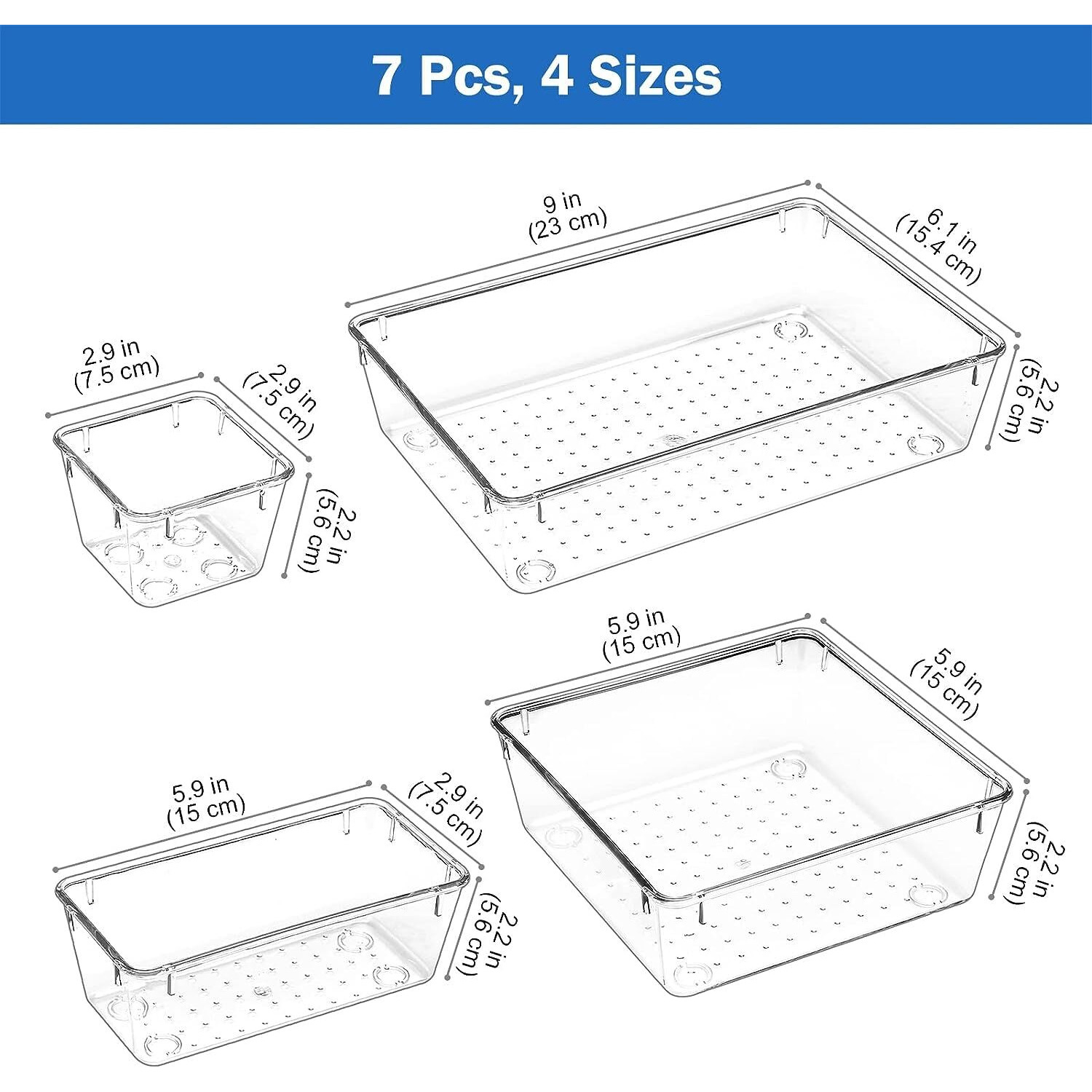 Zollyss 7 Pcs Desk Drawer Organizers Trays Set Clear Plastic Storage Bins Bathroom Drawer Tray Dividers Vanity Trays Organizer for Bedroom Dresser Makeup Kitchen Utensil Office