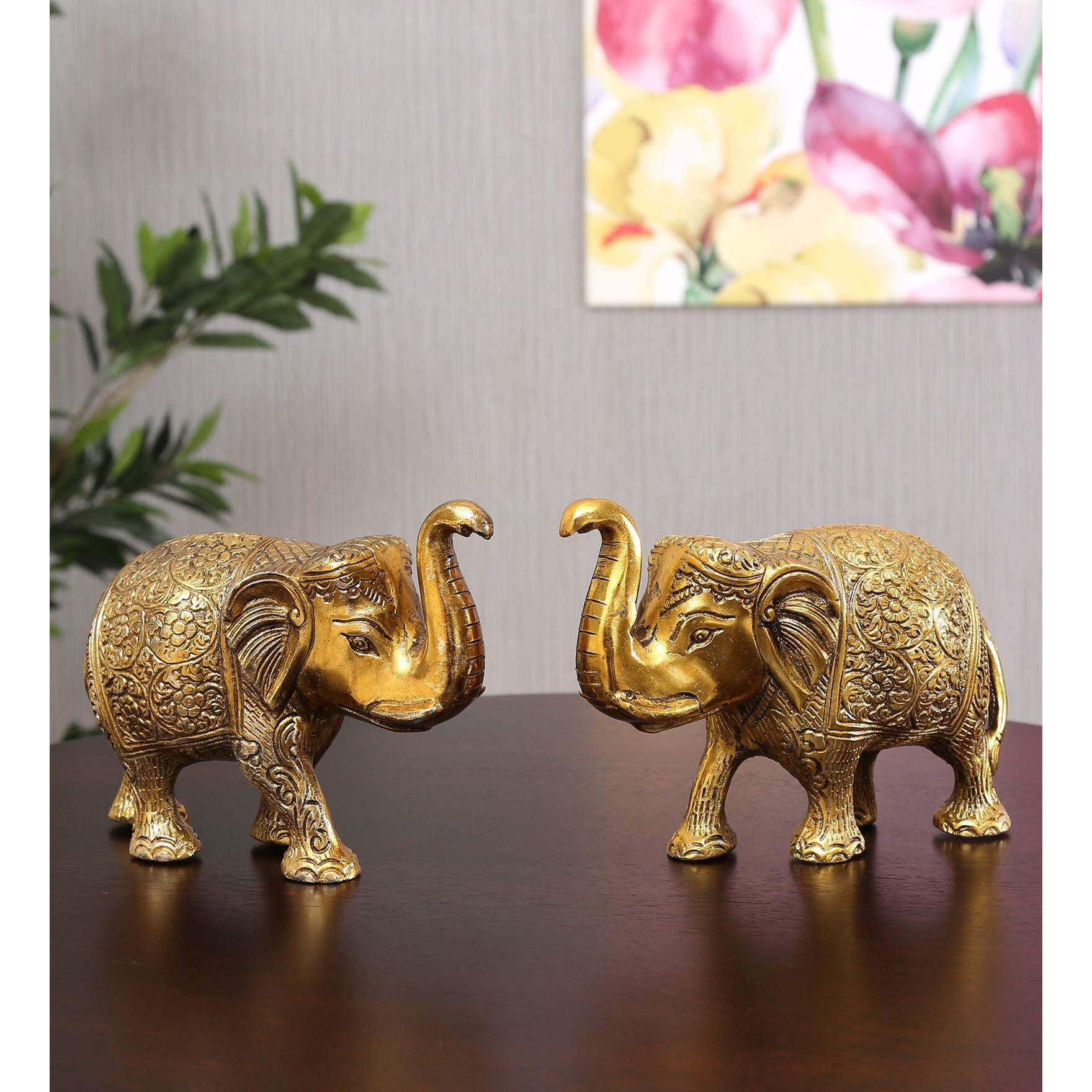 KridayKraft Metal Elephant Statue Small Size Gold Polish 2 pcs Set for Your Home,Office Table Decorative & Gift Article,Animal Showpiece Figurines...