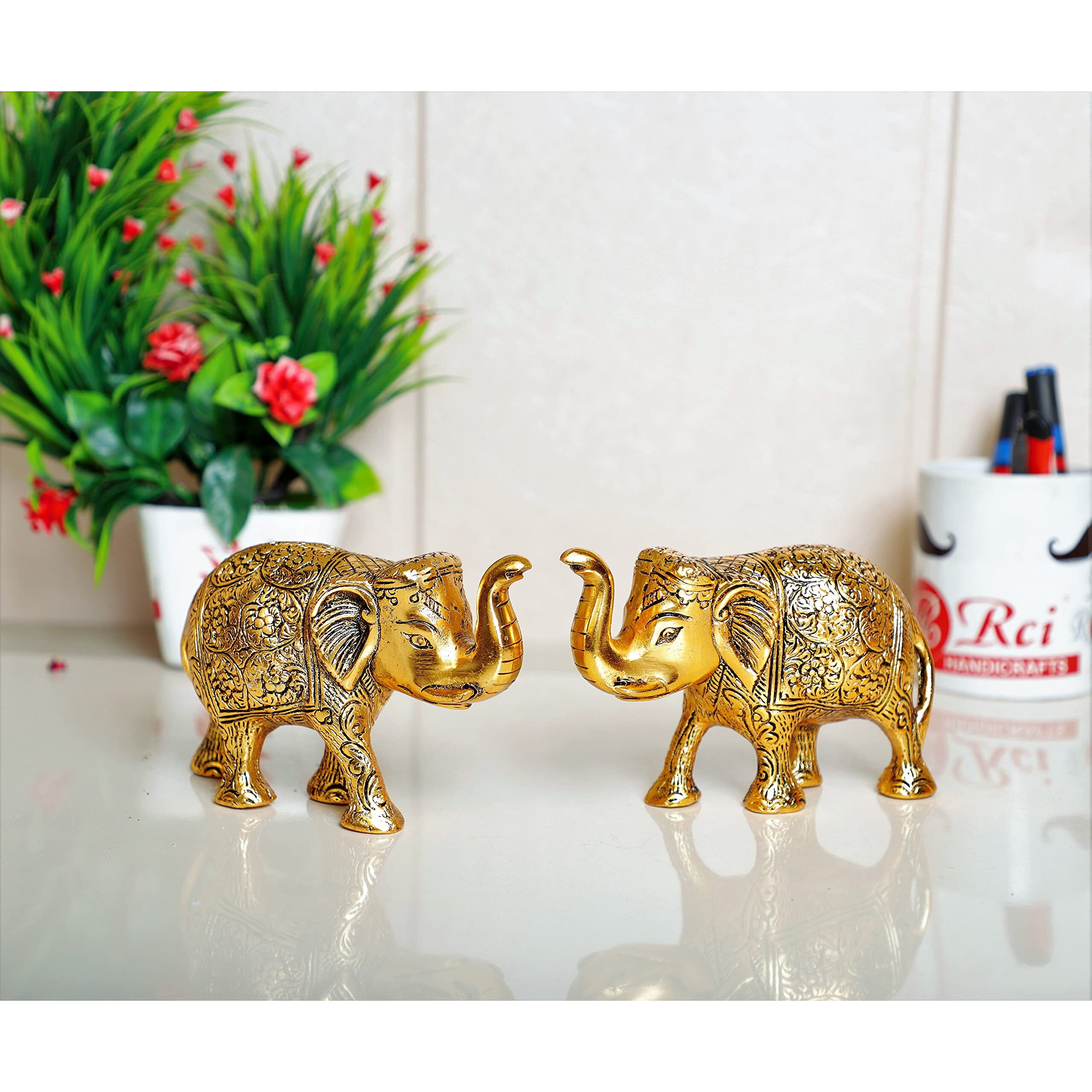 KridayKraft Metal Elephant Statue Small Size Gold Polish 2 pcs Set for Your Home,Office Table Decorative & Gift Article,Animal Showpiece Figurines...