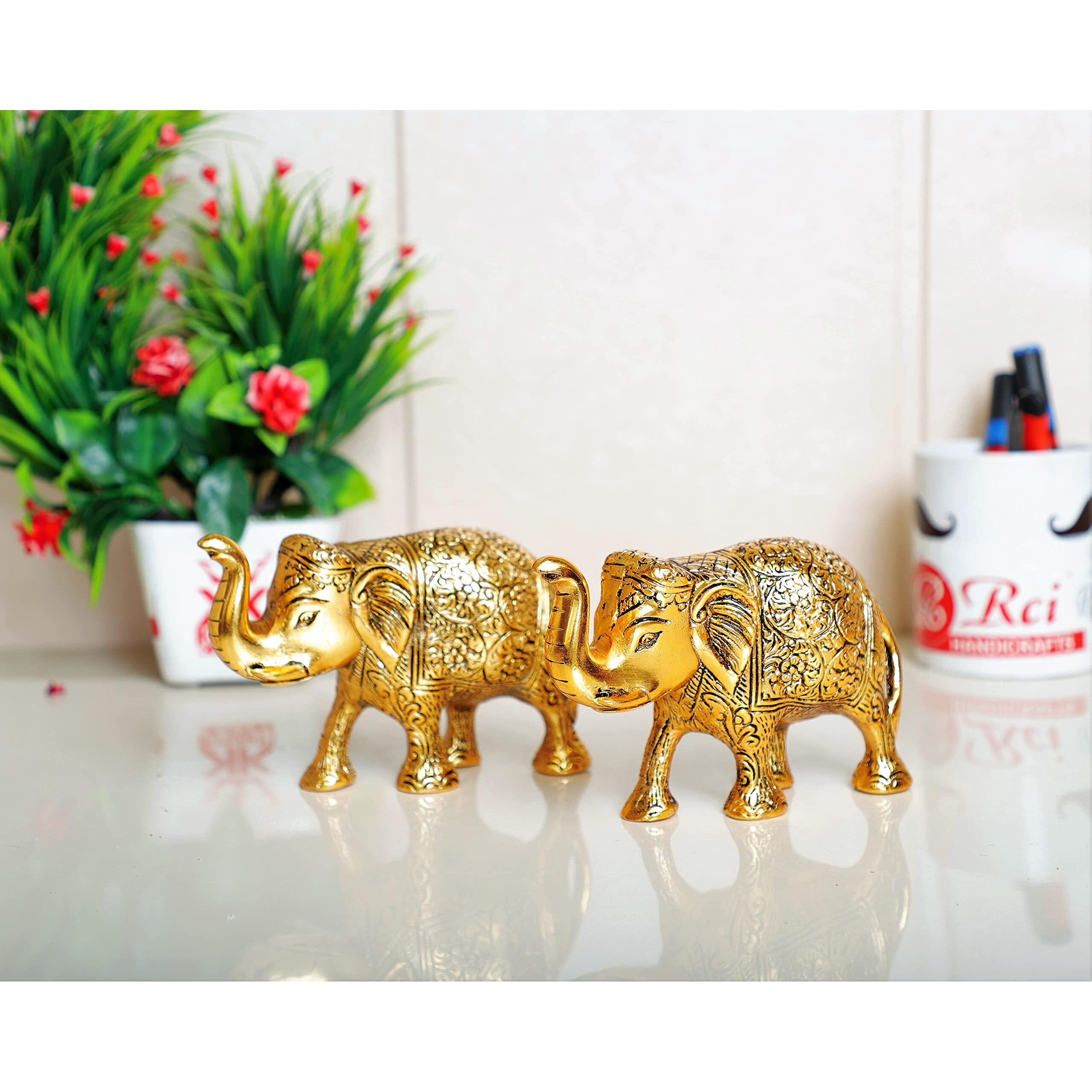 KridayKraft Metal Elephant Statue Small Size Gold Polish 2 pcs Set for Your Home,Office Table Decorative & Gift Article,Animal Showpiece Figurines...