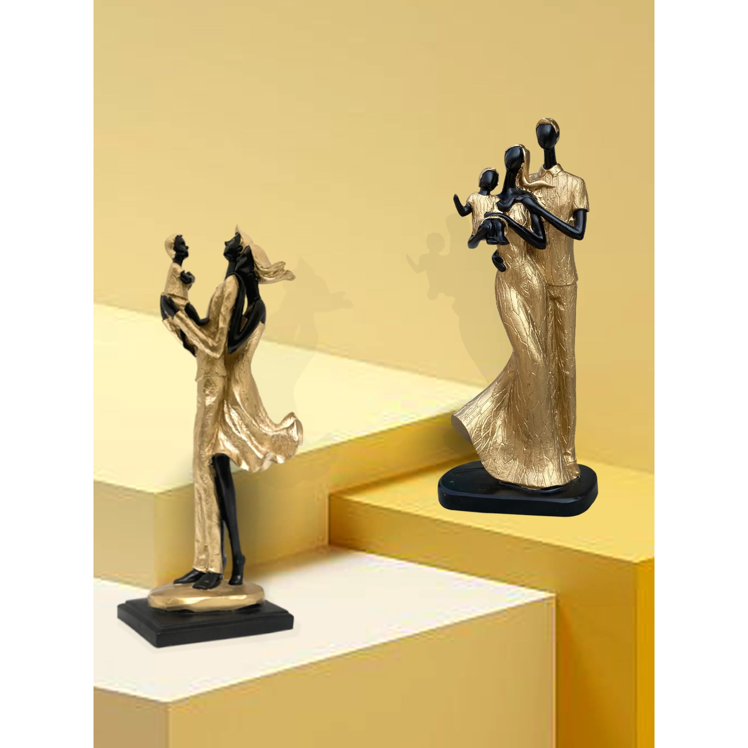 Xtore Stylish Golden Black Resin Couple Statues with Child for Home Decor (Pack of 2, Black & Golden)