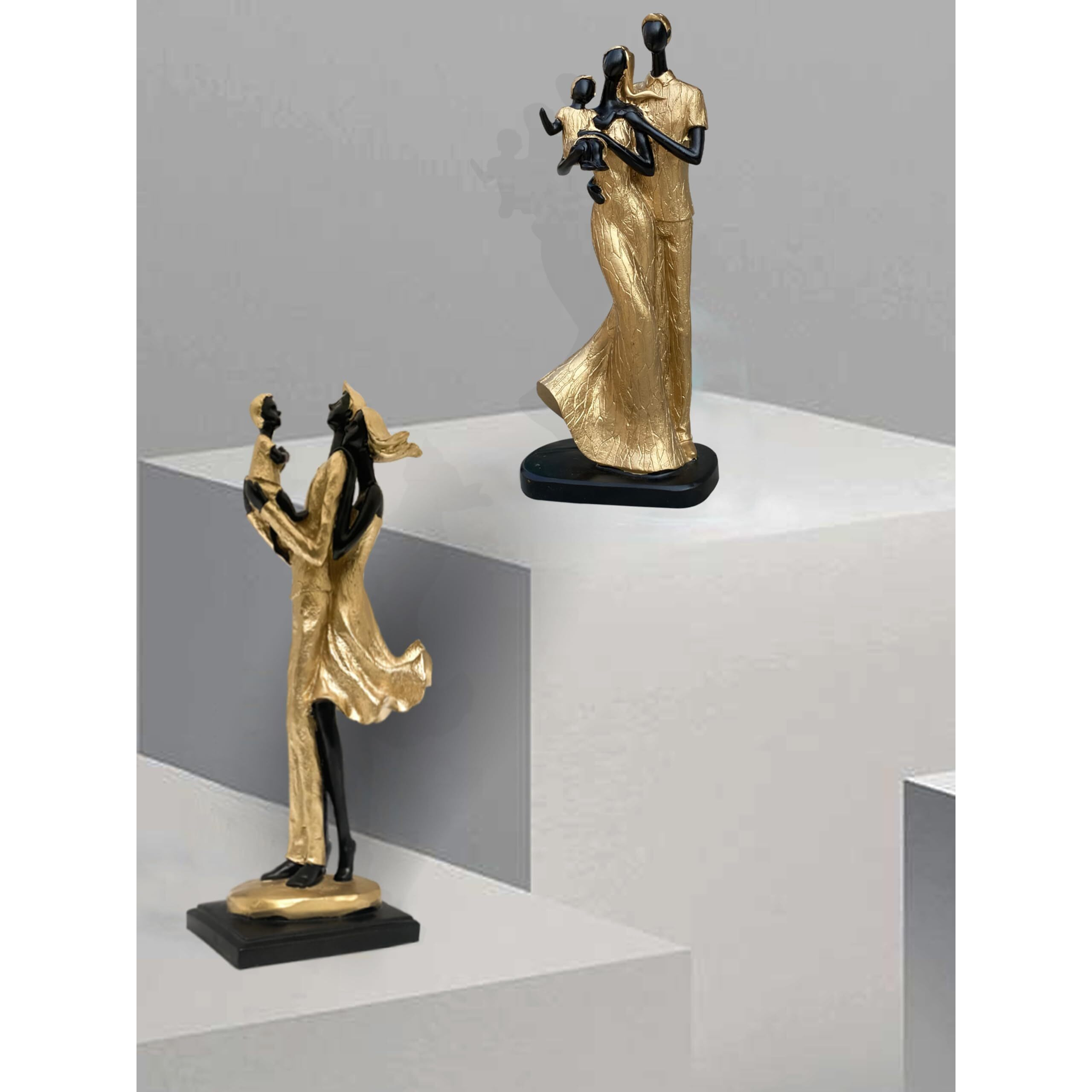 Xtore Stylish Golden Black Resin Couple Statues with Child for Home Decor (Pack of 2, Black & Golden)