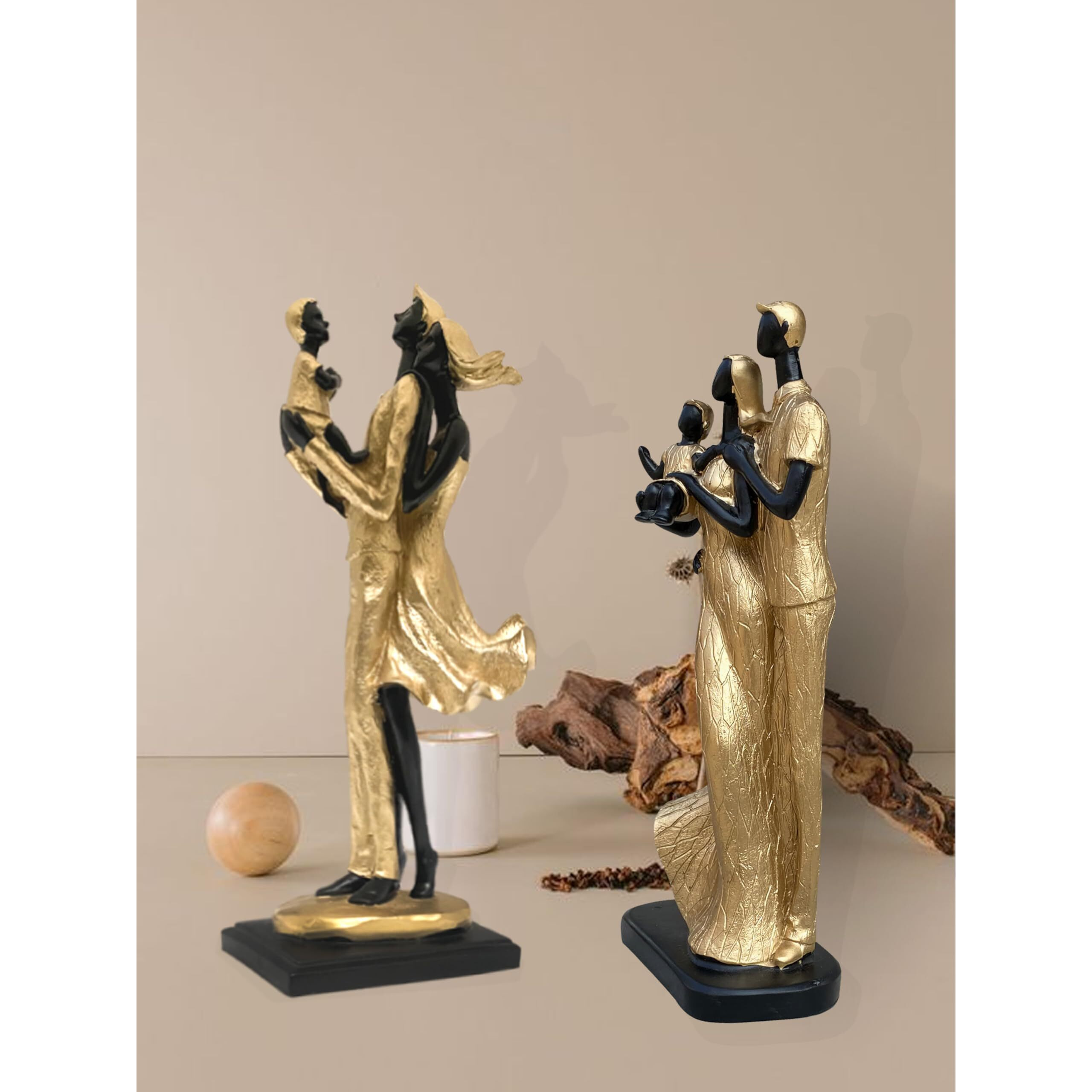 Xtore Stylish Golden Black Resin Couple Statues with Child for Home Decor (Pack of 2, Black & Golden)