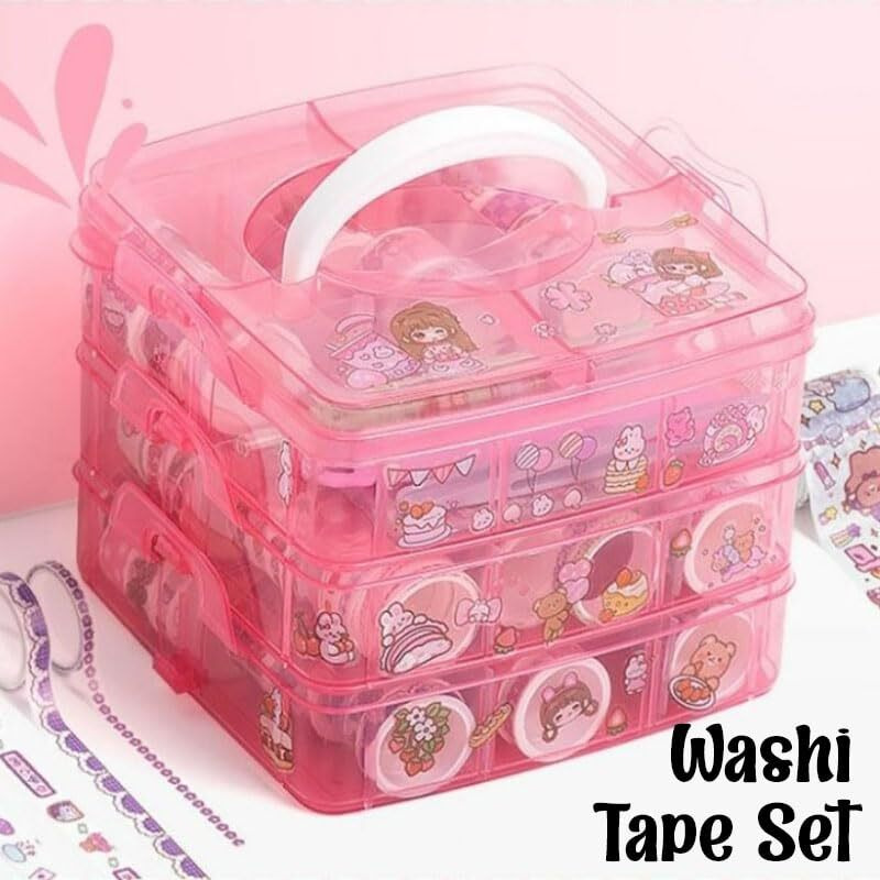 FunBlast Washi Tape Set - 100 Pcs Designer Decorative Masking Tapes with 20 Pcs Kawaii Stickers, Tweezer, Pen and Spatula in 3 Layer Box, Tapes for DIY Art & Crafts, Wrapping (B)