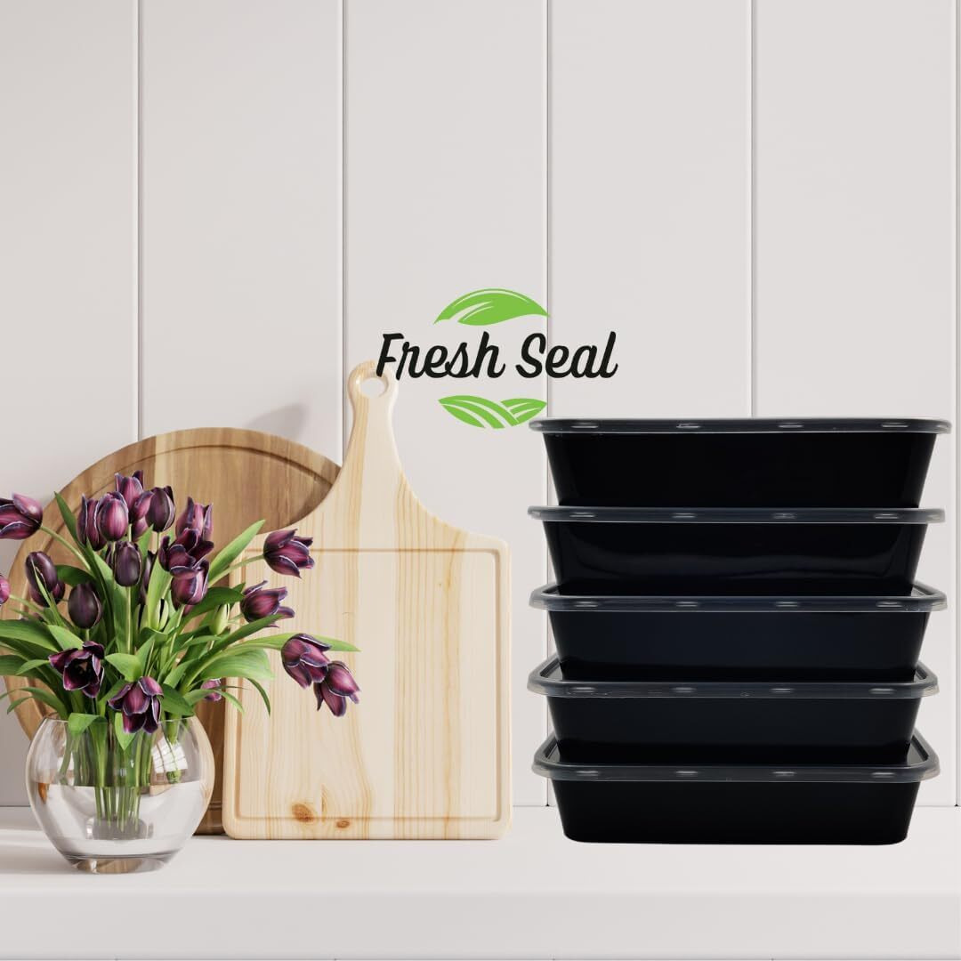 Fresh Seal Reusable Rectangle Plastic Containers With Lid For Food Storage, Food Delivery, Kitchen Use, Fridge And Microwave Safe -(Pack Of 25)- 500 Ml, Black