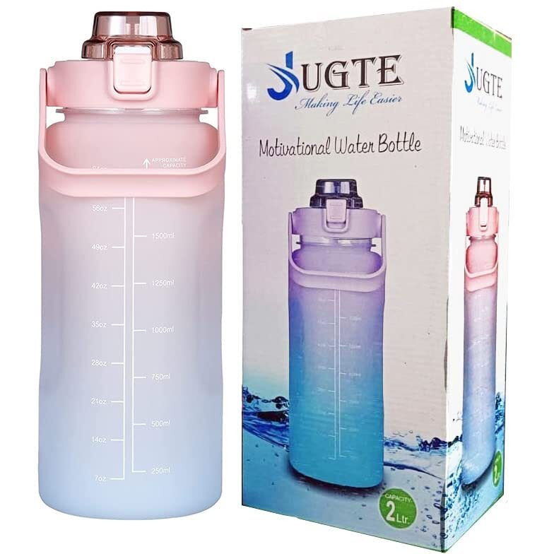 JUGTE Motivational Water Bottle 2 L Sipper Bottle For Adults GYM Gallon Bottle With Measurement Leakproof Durable Reusable Plastic Water Bottle For Office |Blue Pink