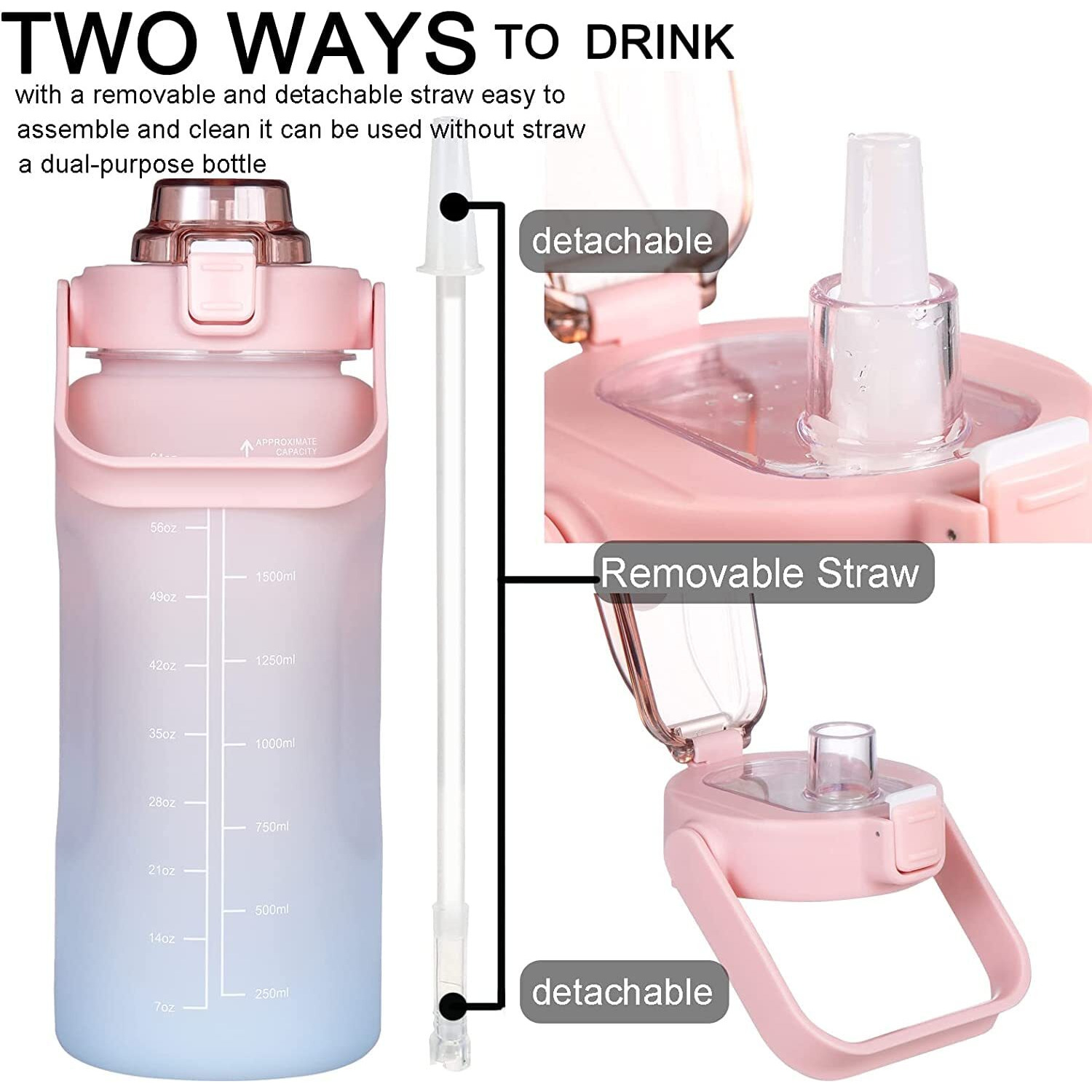 JUGTE Motivational Water Bottle 2 L Sipper Bottle For Adults GYM Gallon Bottle With Measurement Leakproof Durable Reusable Plastic Water Bottle For Office |Blue Pink