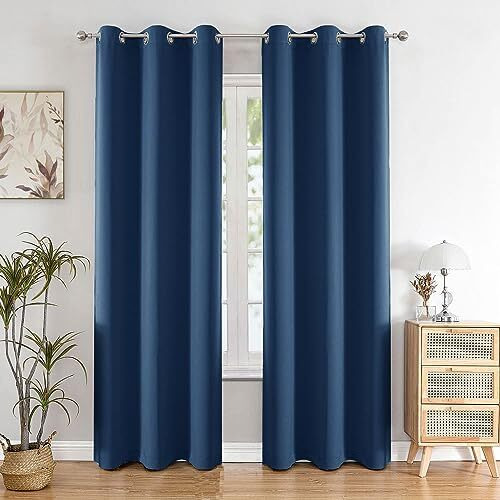 HOMEMONDE 95% Blackout Room Darkening, Thermal Insulated, 8 Feet Long Door Length Curtains, Navy Blue - 96 Inches Set of 2