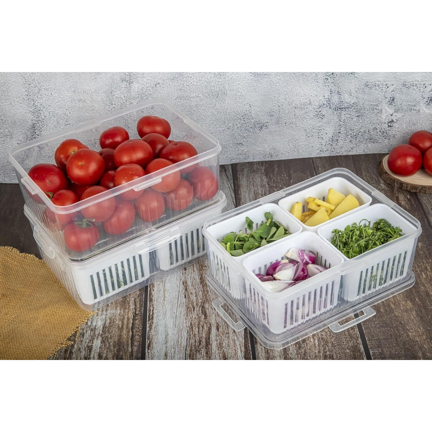 ZUSCHLAG Fridge Storage Boxes Freezer Storage Containers, Container for Kitchen Storage Set, Storage in Kitchen, Vegetable Storage, Draining Crisper Refrigerator Food Box (2 PIC (4 GRID))