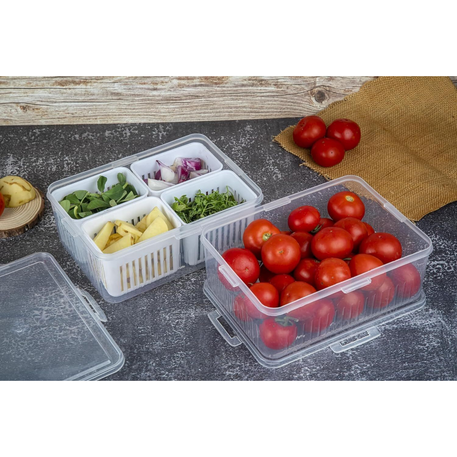 ZUSCHLAG Fridge Storage Boxes Freezer Storage Containers, Container for Kitchen Storage Set, Storage in Kitchen, Vegetable Storage, Draining Crisper Refrigerator Food Box (2 PIC (4 GRID))