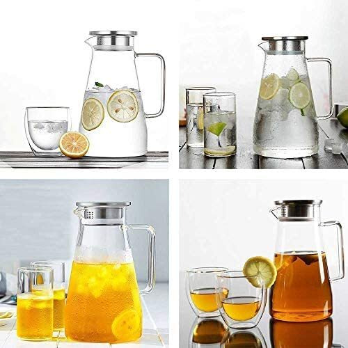 NVRA Premium 1800Ml Glass Water Jug with Stainless Steel Lid&Handle|Transparent Beverage Carafe for Home,Office, Etc |Pitcher for Serve Water,Milk, Juice,Beverage,Chaas, Cocktail (Borosilicate Jug)