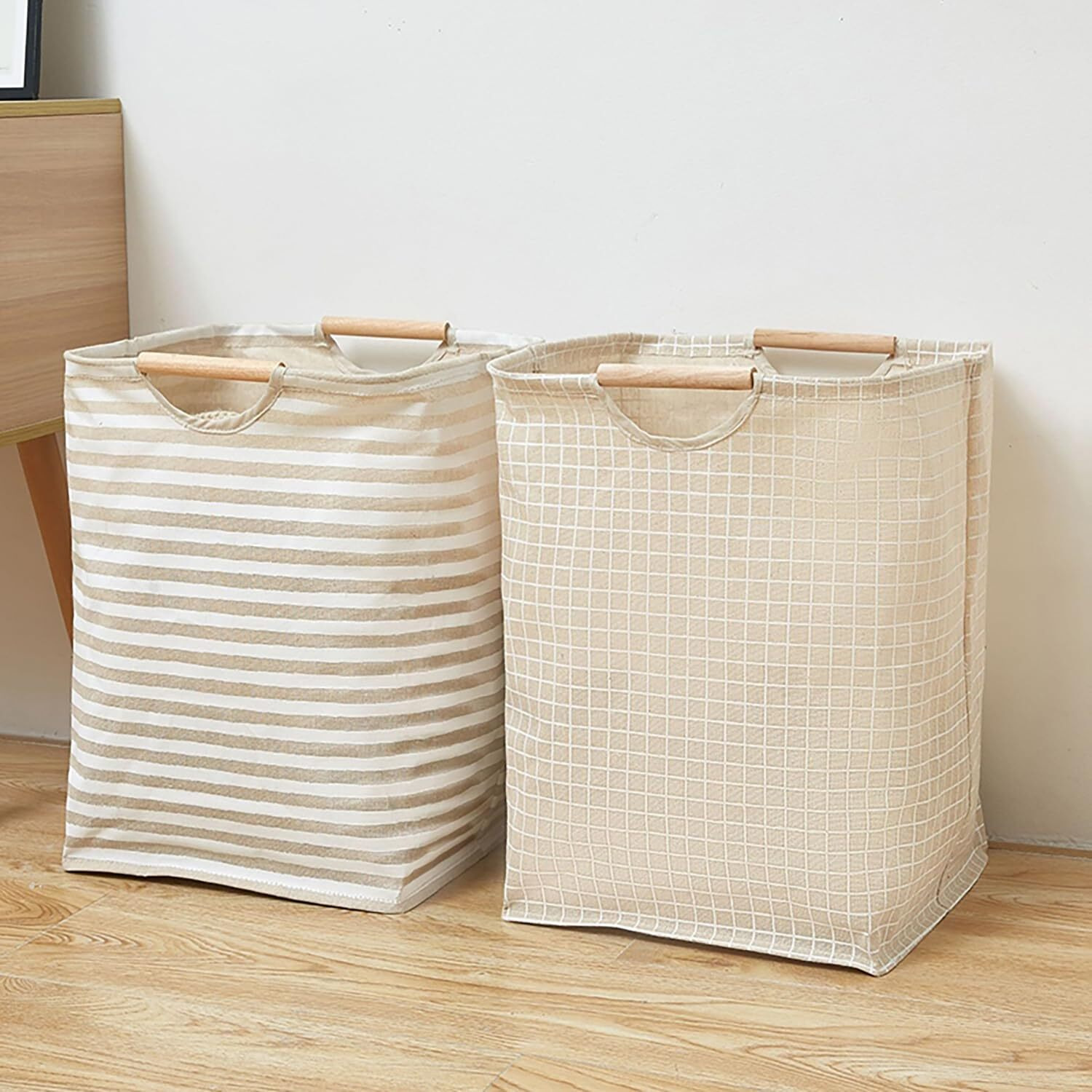 House of Quirk 52 Litre Linen Cotton Collapsible Laundry Basket For Folding Portable Dirty Clothes Storage Hamper (Beige/White Horizontal)