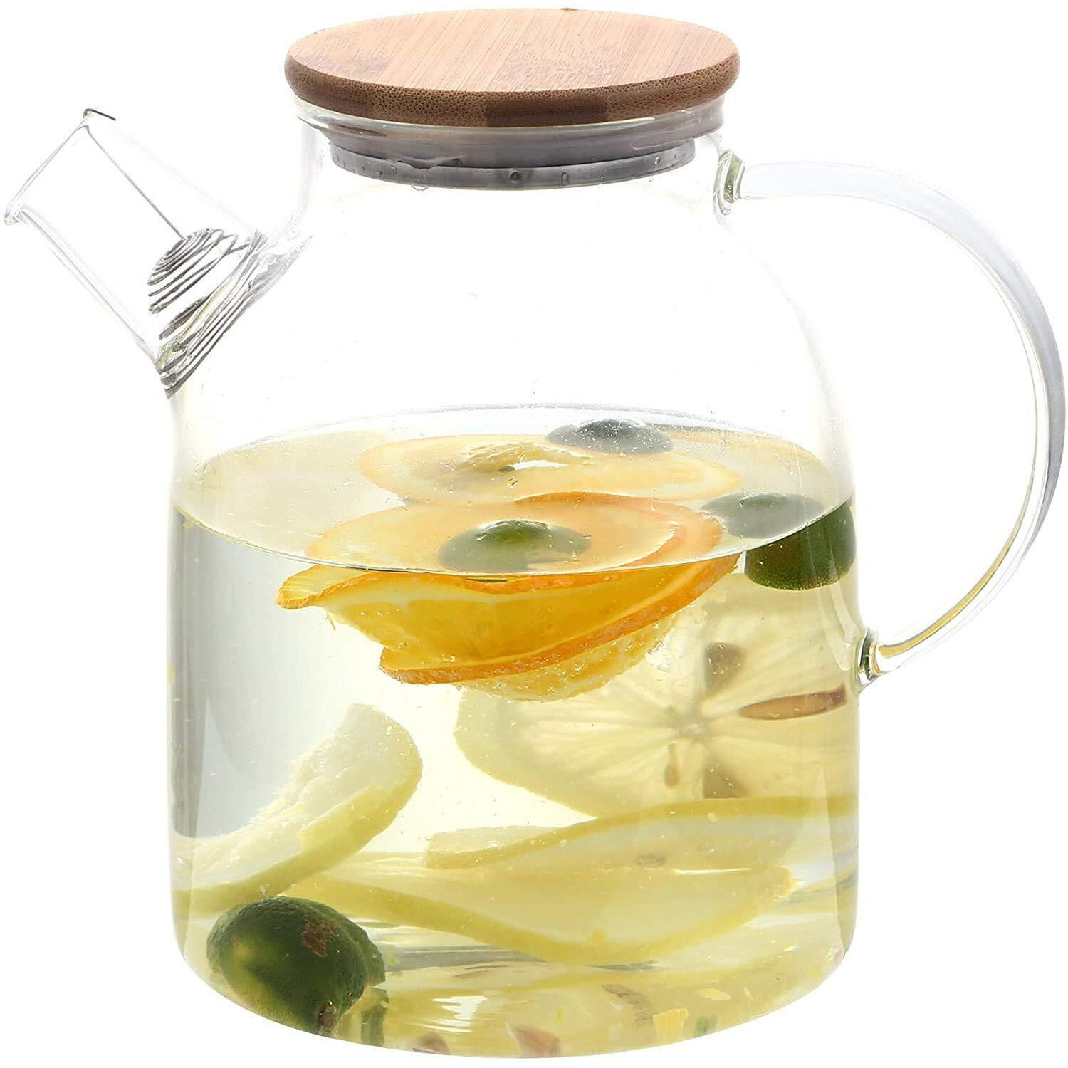 NVRA Premium 1800ML Glass Water Jug with Stainless Steel Lid & Handle | 1.80L Transparent Beverage Carafe for Home Office Etc | Pitcher for Serve Water Juice Borosilicate Jug (1.8 Lieter Wooden Lid)