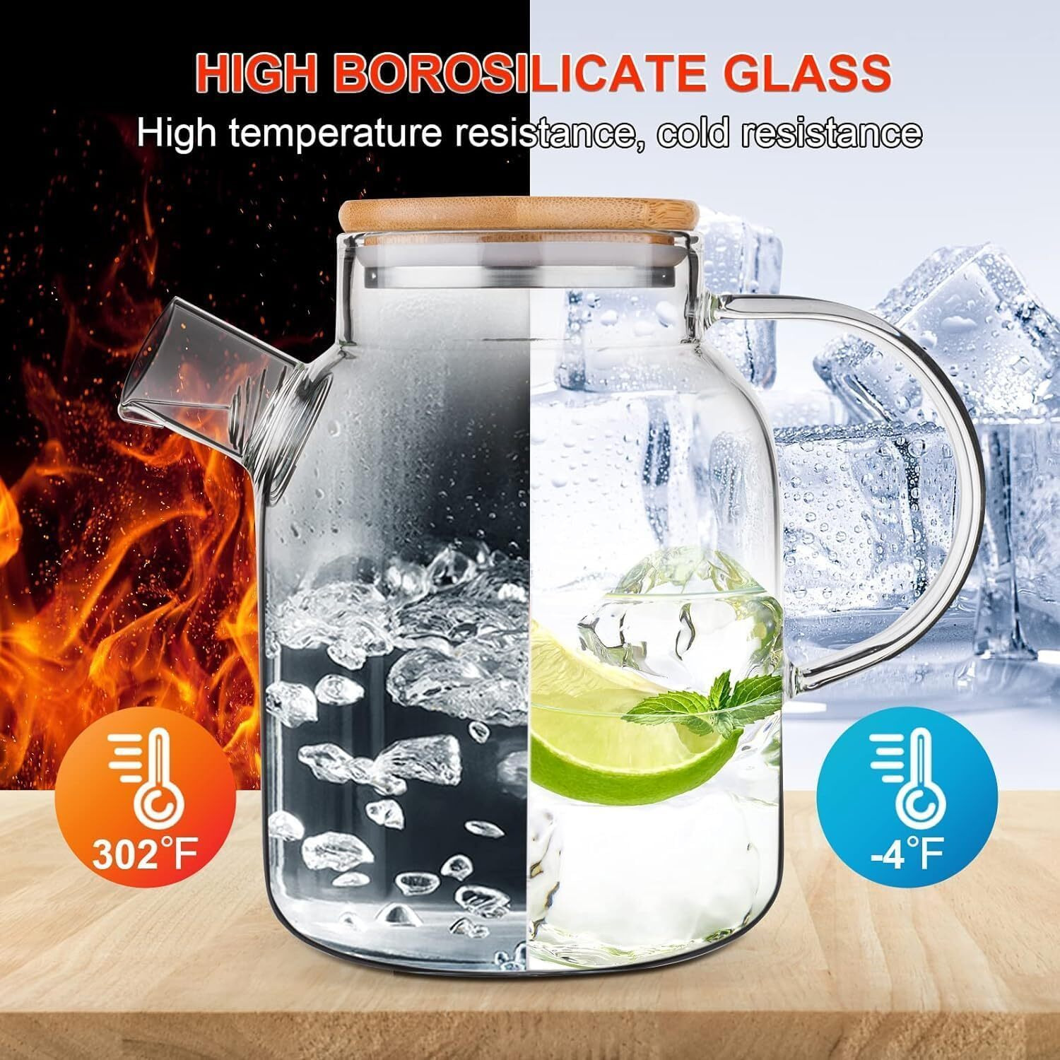 NVRA Premium 1800ML Glass Water Jug with Stainless Steel Lid & Handle | 1.80L Transparent Beverage Carafe for Home Office Etc | Pitcher for Serve Water Juice Borosilicate Jug (1.8 Lieter Wooden Lid)