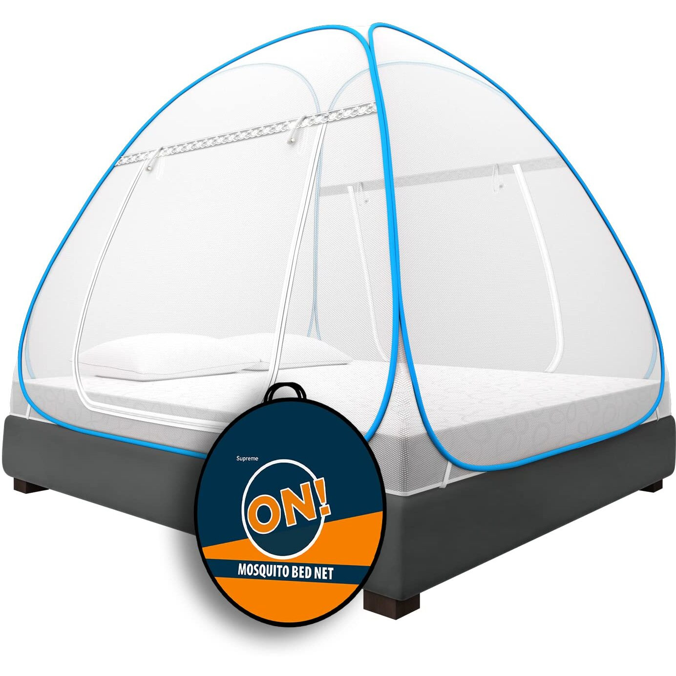 Supreme On Double Bed Mosquito Net, King-Size (6.5 Feet X 6.5 Feet) Premium Machardani, Strong and Durable, 30 GSM, Tent Type, Foldable, Corrosion Resistant-Parent (King Bed, Blue)