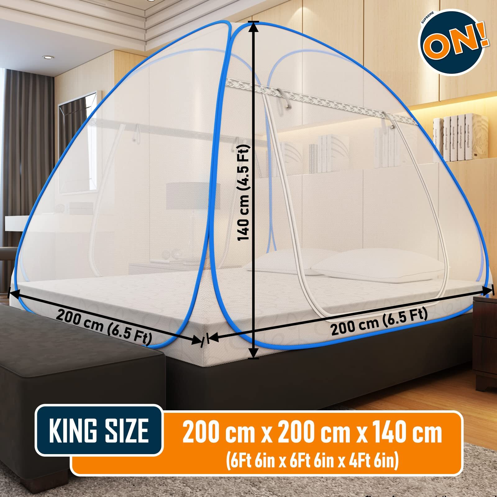 Supreme On Double Bed Mosquito Net, King-Size (6.5 Feet X 6.5 Feet) Premium Machardani, Strong and Durable, 30 GSM, Tent Type, Foldable, Corrosion Resistant-Parent (King Bed, Blue)