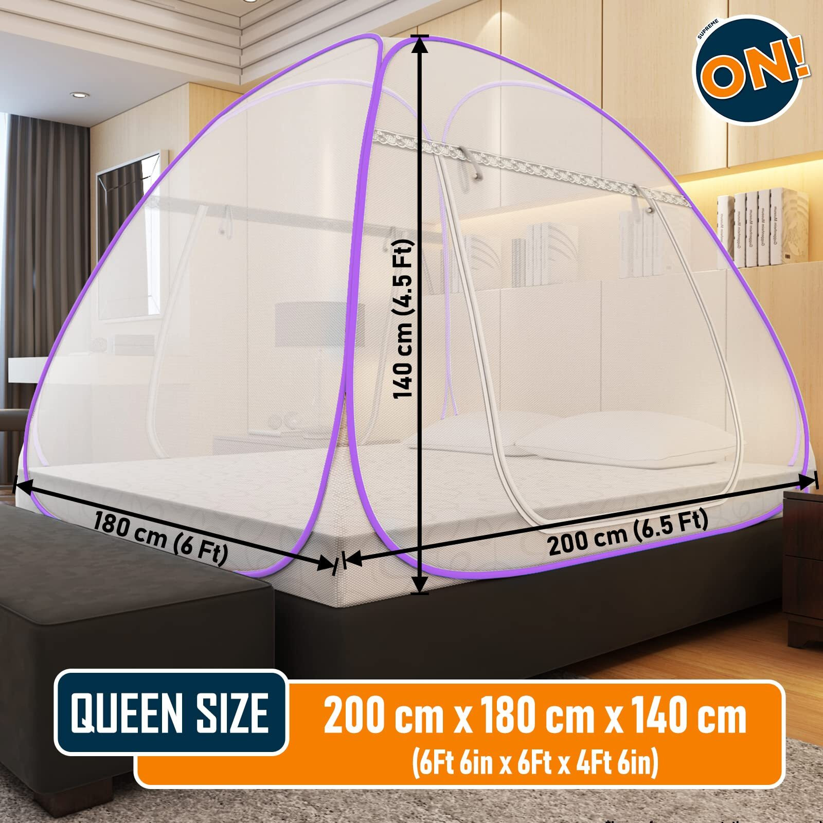 KOLAR Supreme On Mosquito Net for Double Bed [6 Feet x 6.5 Feet], Queen-Size Premium Machardani, Strong and Durable, 30 GSM, Tent Type, Foldable, Corrosion Resistant