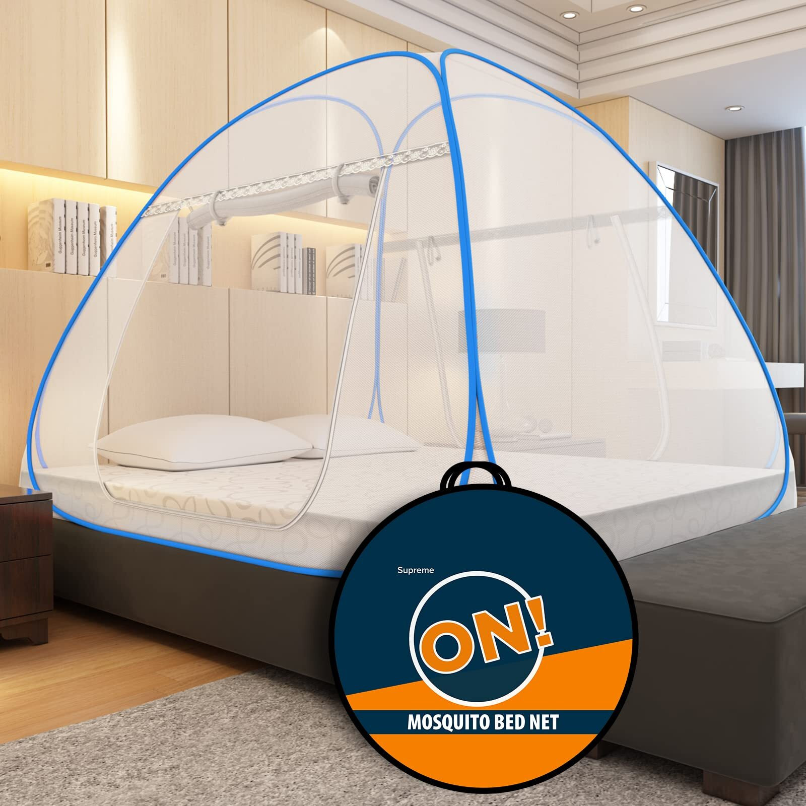 Supreme On Mosquito Net for Double Bed [6 Feet X 6.5 Feet], Queen-Size Premium Machardani, Strong and Durable, 30 Gsm, Tent Type, Foldable, Corrosion Resistant