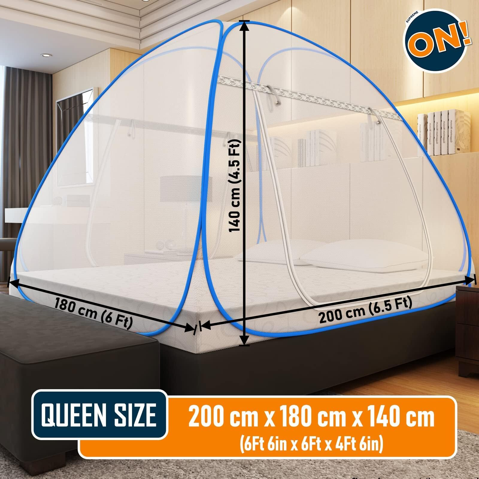 Supreme On Mosquito Net for Double Bed [6 Feet X 6.5 Feet], Queen-Size Premium Machardani, Strong and Durable, 30 Gsm, Tent Type, Foldable, Corrosion Resistant