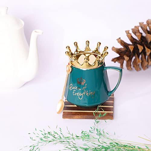 NYRWANA Queen of Everything Coffee Mug, Birthday Gift for Girls, Rakhi Gift, Birthday Gift for Women, Wedding Gift, Coffee Mug with Lid, Mug with Golden Crown Lid & Spoon (350ml - Green)