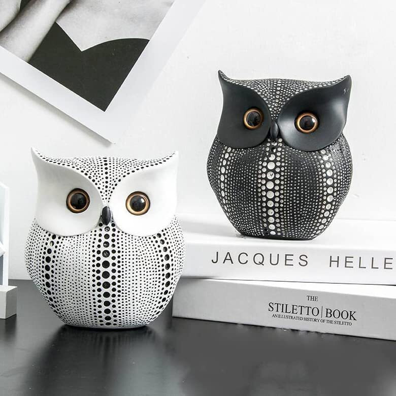 LIFEHAXTORE Modern Classy Lucky Owl Resin Art Figure Showpiece (Black and White, 2 Piece)