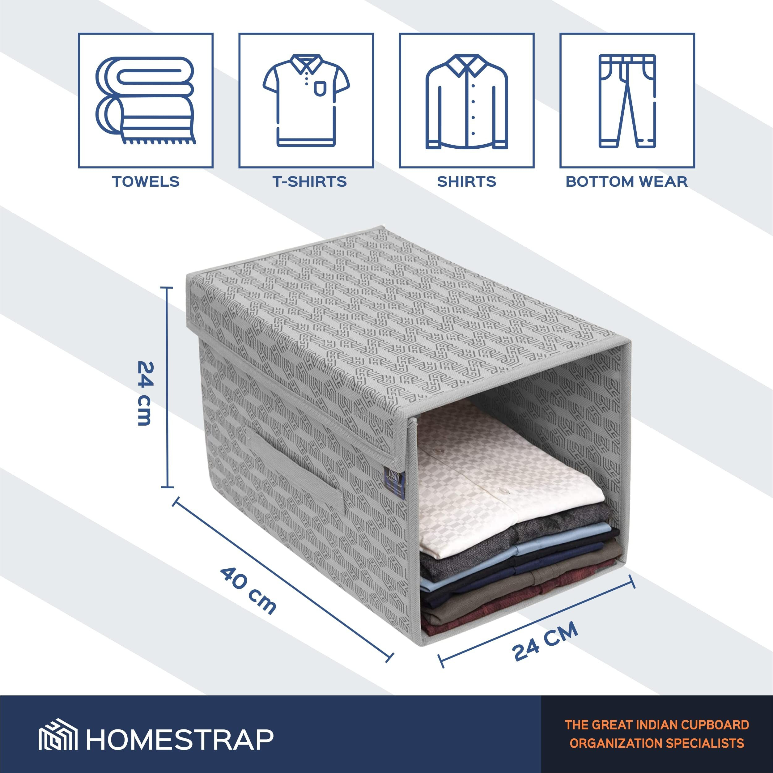 HomeStrap Non-Woven Printed Stackable Shirt Organizer With Cover Lid- Grey, 34 x 44 x 19 Centimeters