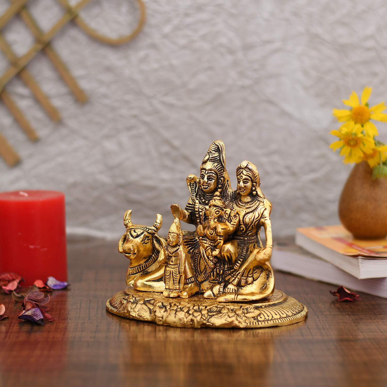 Collectible India Handcrafted Shiva Parvati Ganesh Idol Shiv Parivar Murti Statue Sculpture - Lord Shiva Idols Family Sitting On Nandi Showpiece Figurine for Home Office Temple Mandir Decoration Gift